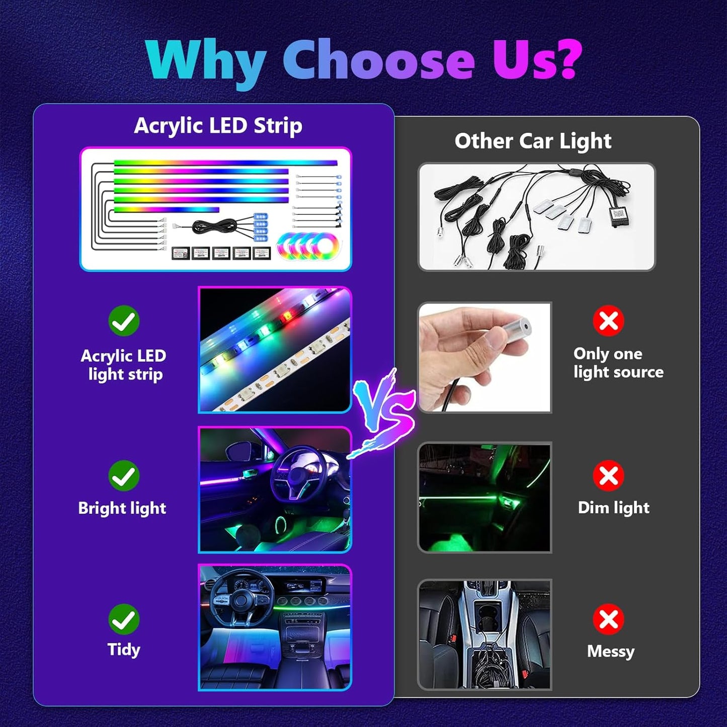 Acrylic Interior Car Light, AMKI Car LED Strip Light with APP Sub Control, Car Accessories Fiber Optic Car Ambient Light Kit with RGB Dreamcolor 22 in 1 and 175 inches 593 LEDs 213 DIY and Music Modes