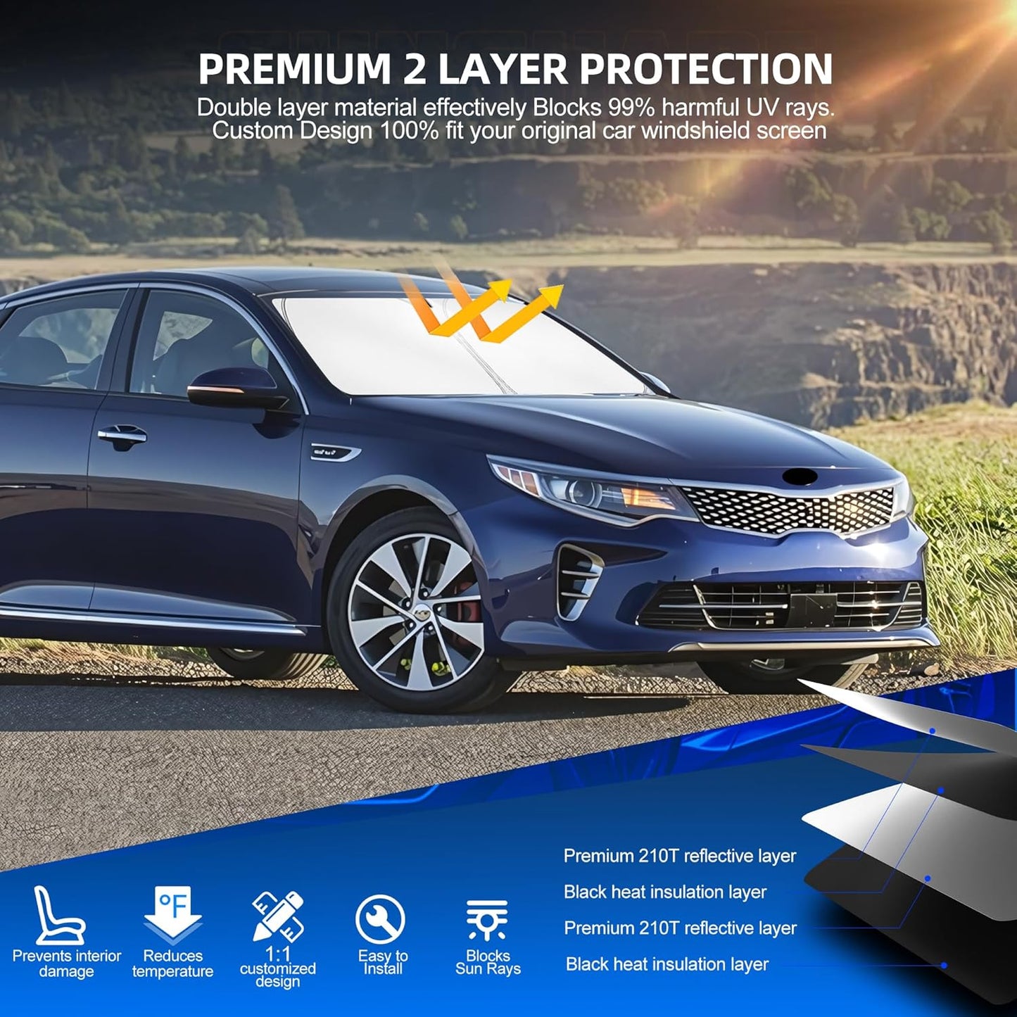 Windshield Sun Shade for Kia Optima 2016-2020 Foldable Sunshade Custom Fit Front Window Car Interior Accessories Protector Blocks UV Rays