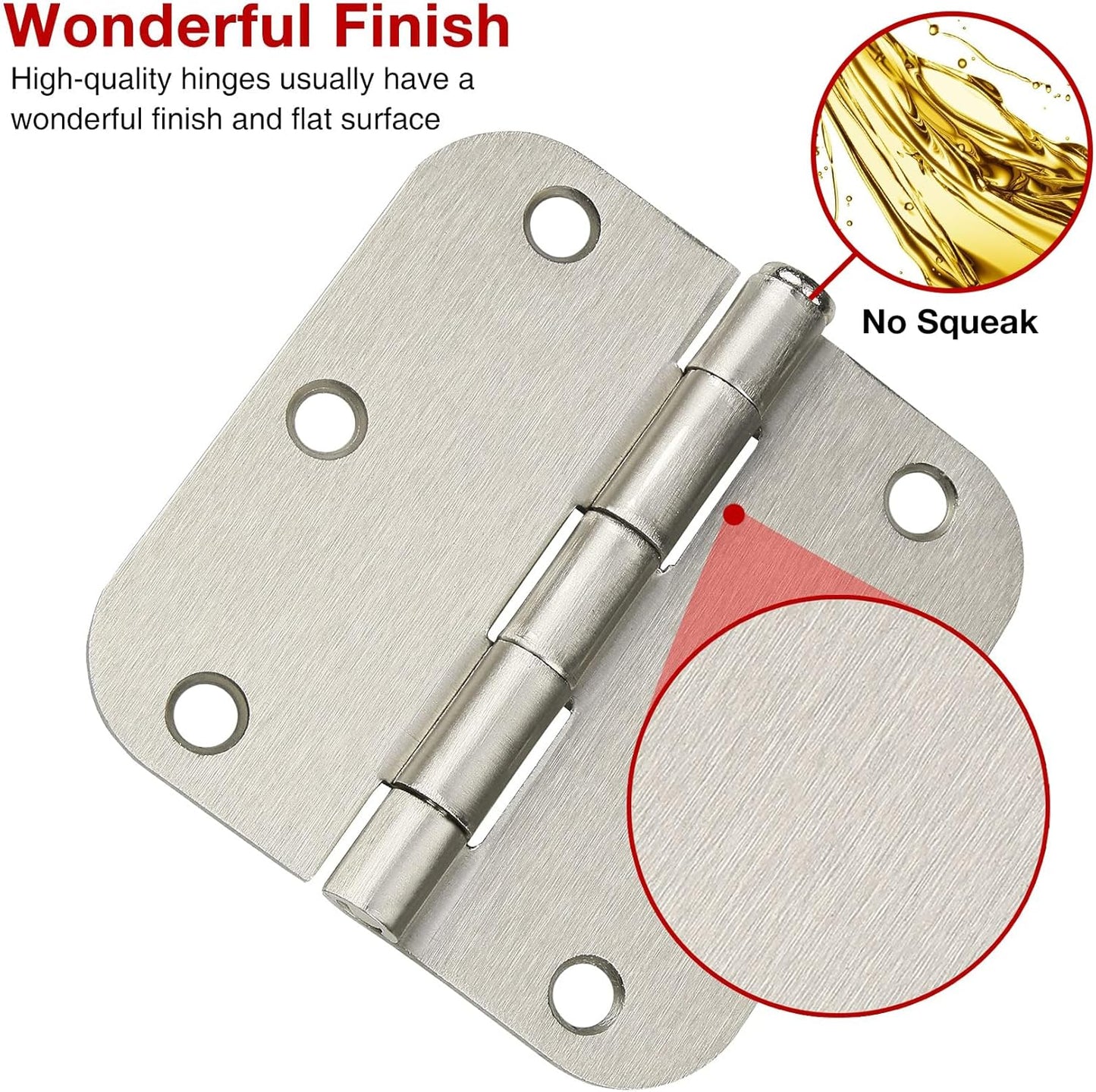 3 Pack Rounded Door Hinges Brushed Nickel 3.5 Inch 5/8" Radius Hardware Satin 3 ½" Heavy Duty Flat Iron Silver Hinge for Doors Kit Interior 3 1/2" Bedroom Kitchen Living Storage Study Room Hallway