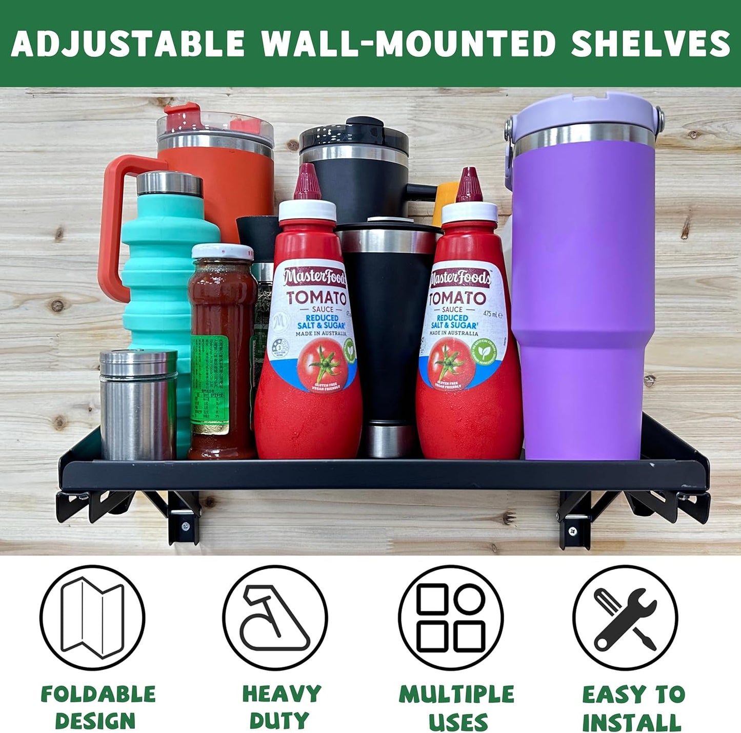 ULIBERMAGNET Garage Folding Storage Rack Shelves,100LB Metal Wall Mounted Adjustable Rail Shelf for Garage,Power Tools,Toolbox,Storage Shelves with Lip for Workshop Kitchen Office (2 Pack)