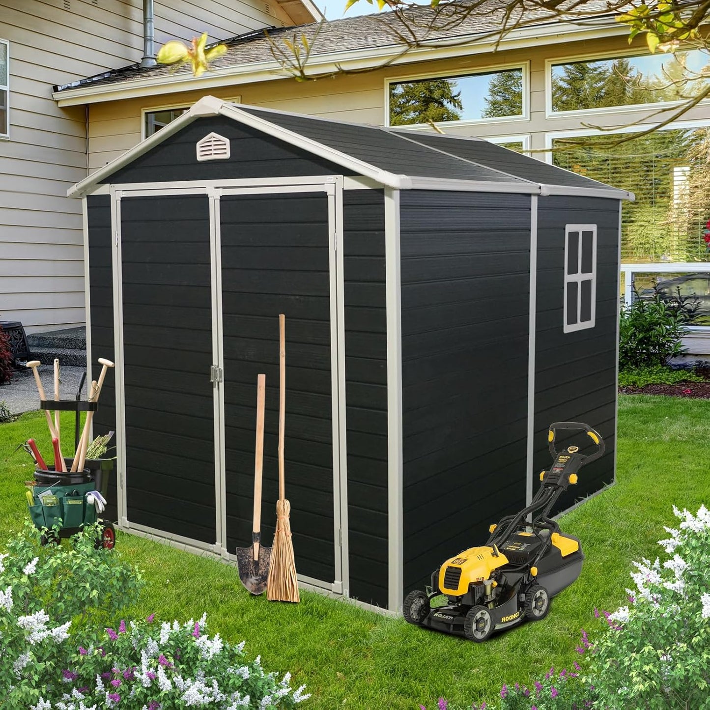 6x8 FT Outdoor Storage Resin Shed with Floor,Waterproof Plastic Garden Bike Shed with Lockable Door, Sloped Roof, Vents & Windows, Easy Assembly Tool Shed for Lawn, Backyard, Patio, Black