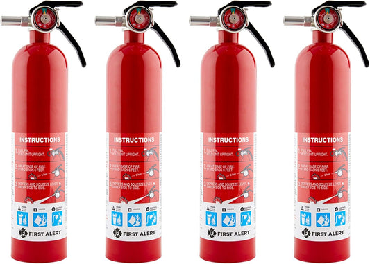 First Alert Fire Extinguisher for Home, Standard Rechargeable Compliance Unit, UL RATED 1-A:10-B:C, HOME1-4, Red, 4-Pack