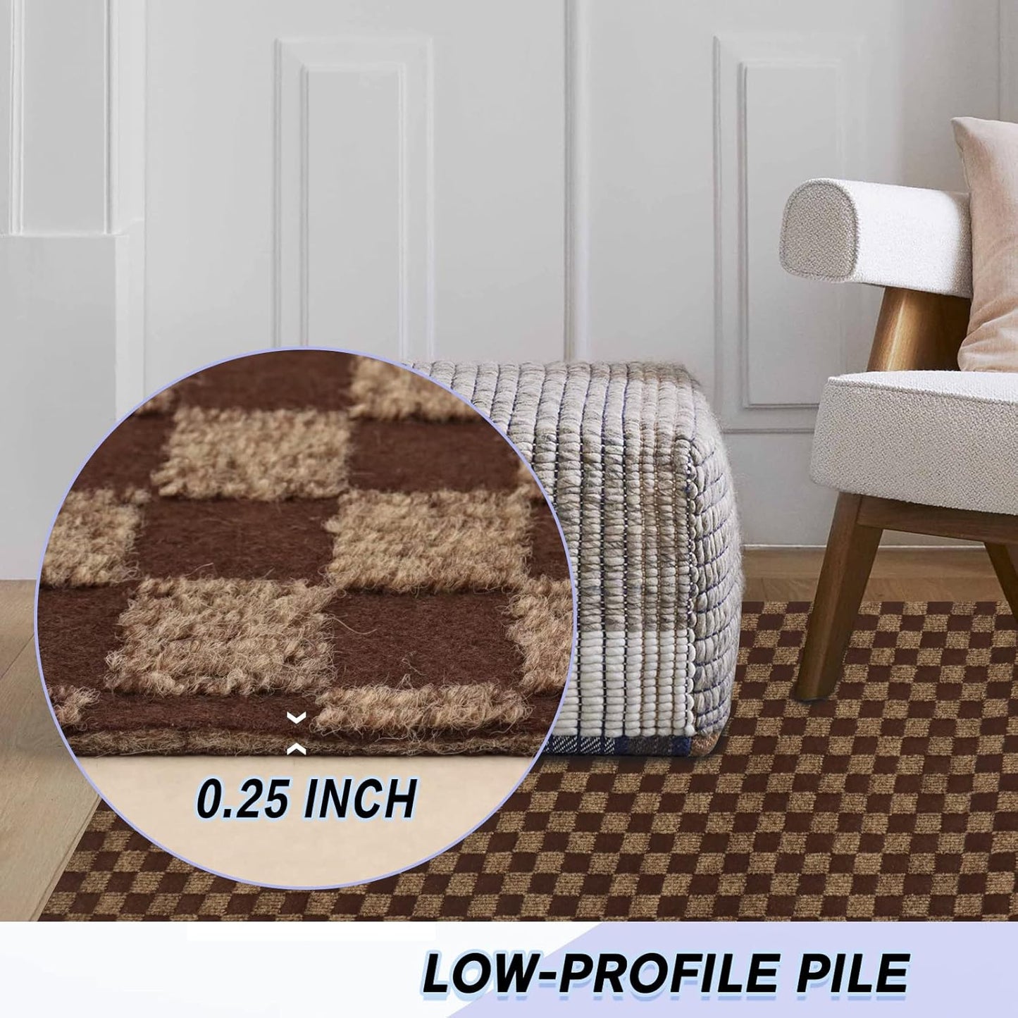 Custom Size Backed Non-Slip Area Rugs Runner, Easy Clean, Waterproof Runner Rugs for Hallway Entryway, Kitchen, Laundry, 3FT x 49FT, Brown Checkered
