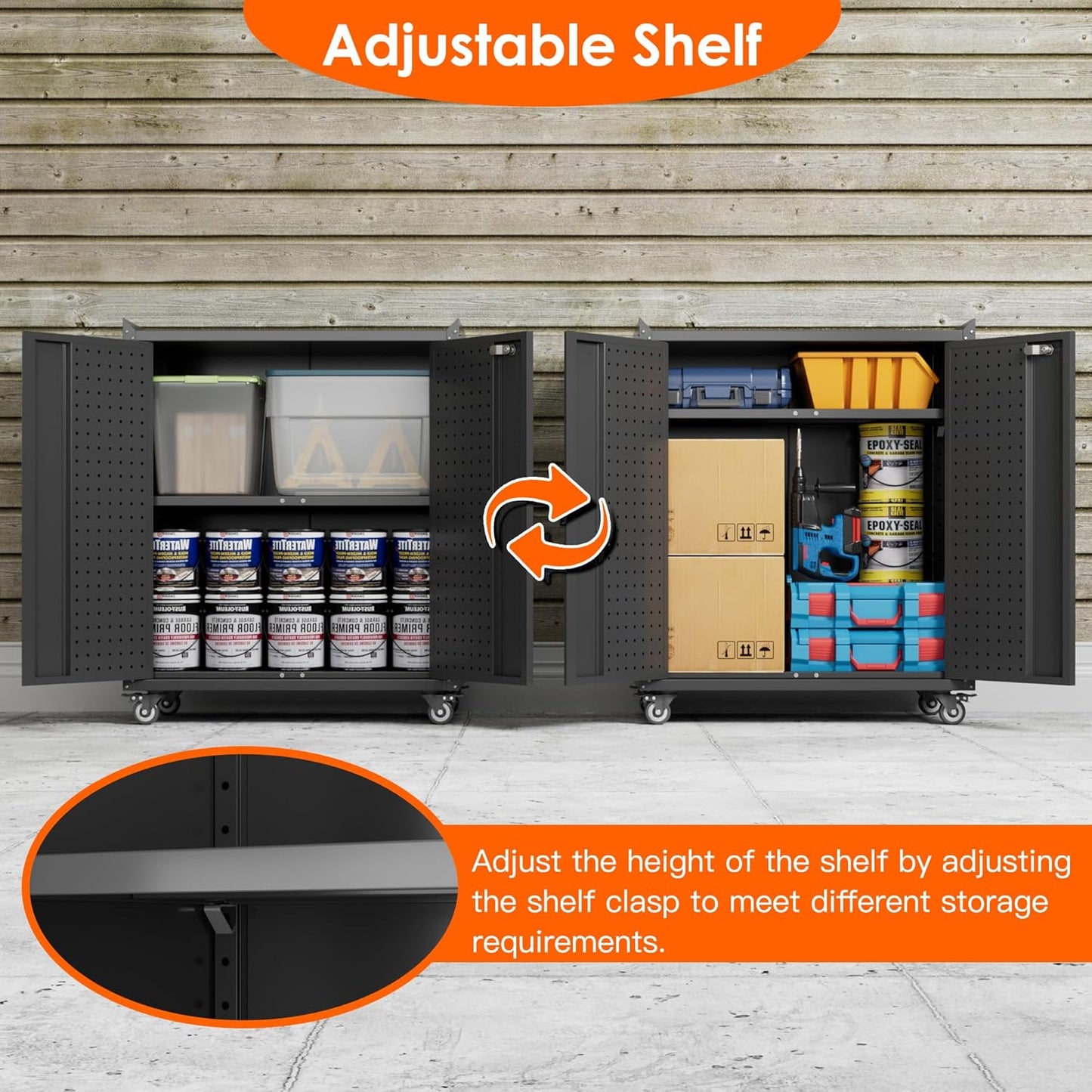 Garage Storage Cabinet with Wheels & Pegboard, 34.3" H Locking Metal Tool Storage Cabinet with Doors and Shelf & 4 Hooks for Garage, Home, Workshops, Assembly Required, Black