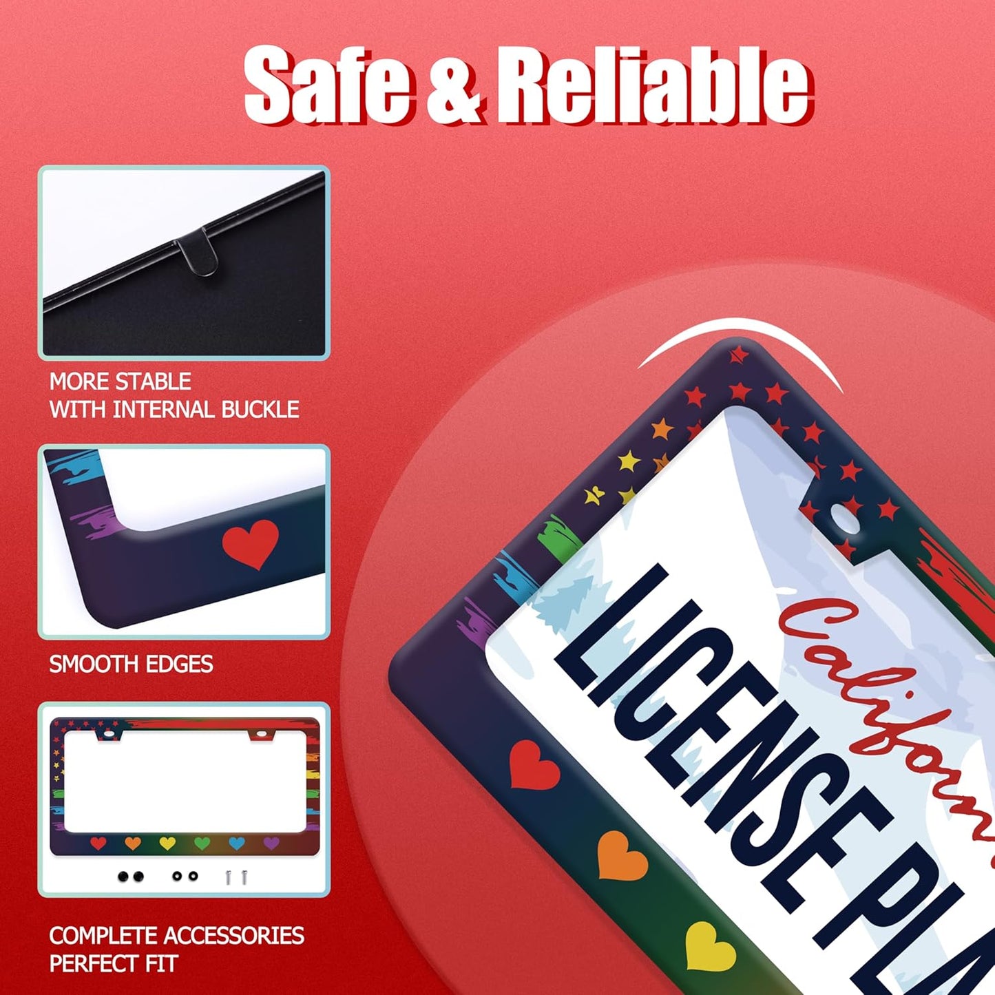 Rainbow Heart License Plate Frame Gay Pride LGBT License Plate Frames Stainless Steel Accessories Cars Decor with 2 Holes and Screws Fits Standard US CA Vehicles Size 12.2 x 6 Inches