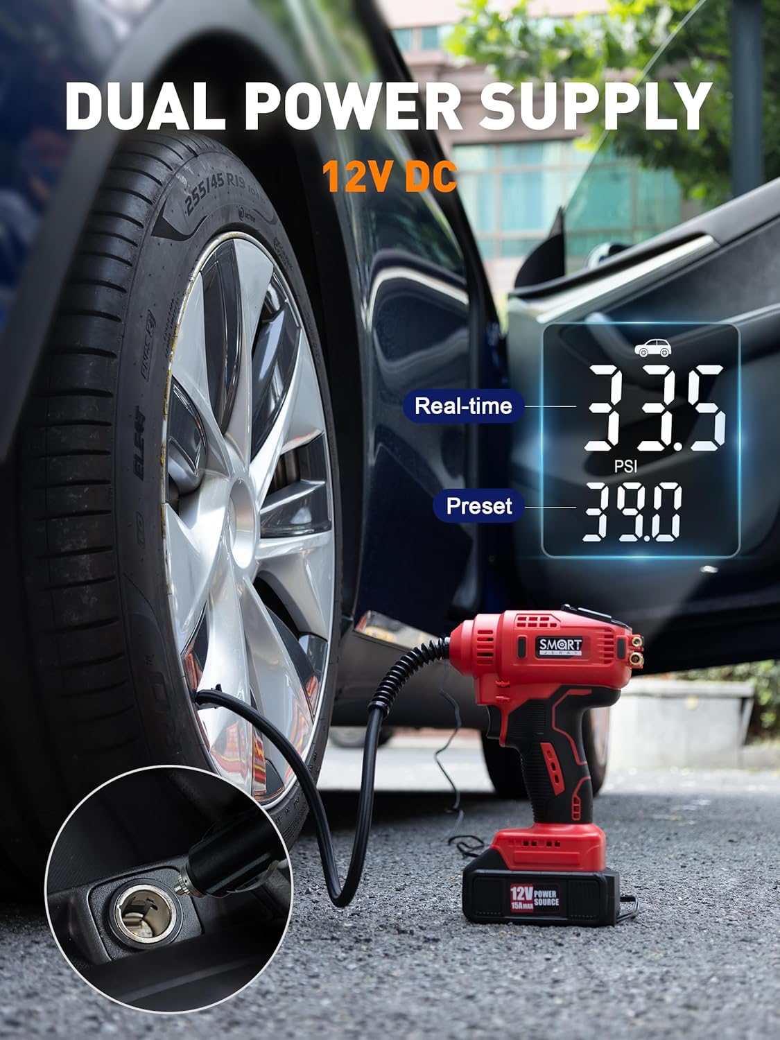SMART JERRY - Car Tire Inflator Portable Air Compressor | 20V/12V Dual-Power Cordless Air Pump with 150 PSI Max Pressure & Smart Auto-Stop | Fast Inflation for Cars, Motorcycles, Bikes, Sports Balls