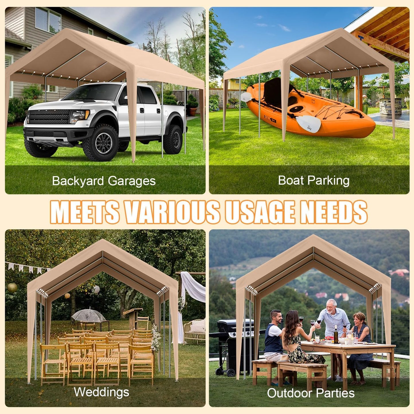 Carport Canopy 10'x20' Heavy Duty Replacement Cover, Beefull Carport Replacement Canopy for Car Garage, Waterproof & UV Protected Tarp with Ball Bungees, Beige(Frame is not Included)