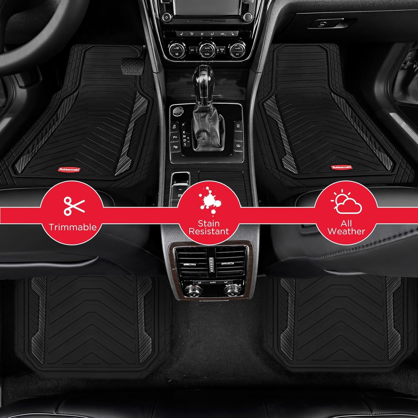 Rubbermaid Car Floor Mat, Heavy Duty All-Weather Car Mats Full Set with Dual-Tone Black Aluminum Inserts – Universal Fit, Anti-Slip Backing, Trim-to-Fit for Most SUV, Sedan, Van