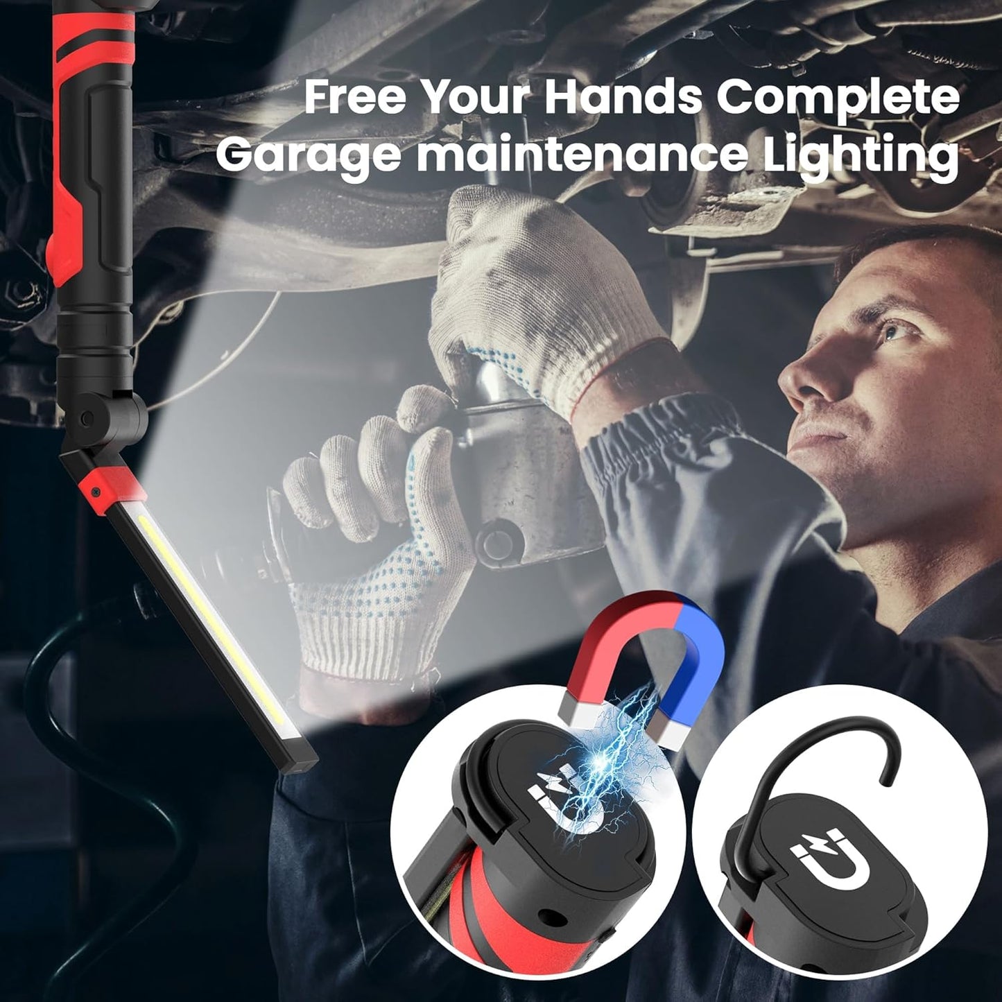 Rechargeable LED Work Light, Magnetic Flashlight Mechanic Light Tool Gifts for Men Him, Foldable Lamp with Hook for Car Repair Emergency BBQ Grill (2 Pack)