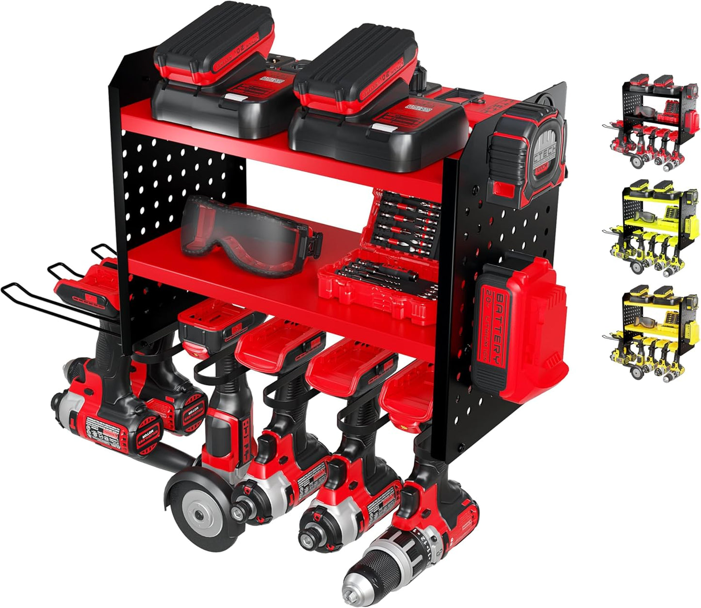 Power Tool Organizer-6 Drill Holder Wall Mount, 3 Tier Heavy-Duty Hand Tool Storage Rack, Utility Racks, Drill Holder, 2 Pegboard Sides - Garage Storage Cordless Tool Organizer (Red)