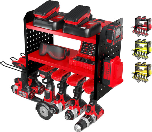 Power Tool Organizer-6 Drill Holder Wall Mount, 3 Tier Heavy-Duty Hand Tool Storage Rack, Utility Racks, Drill Holder, 2 Pegboard Sides - Garage Storage Cordless Tool Organizer (Red)
