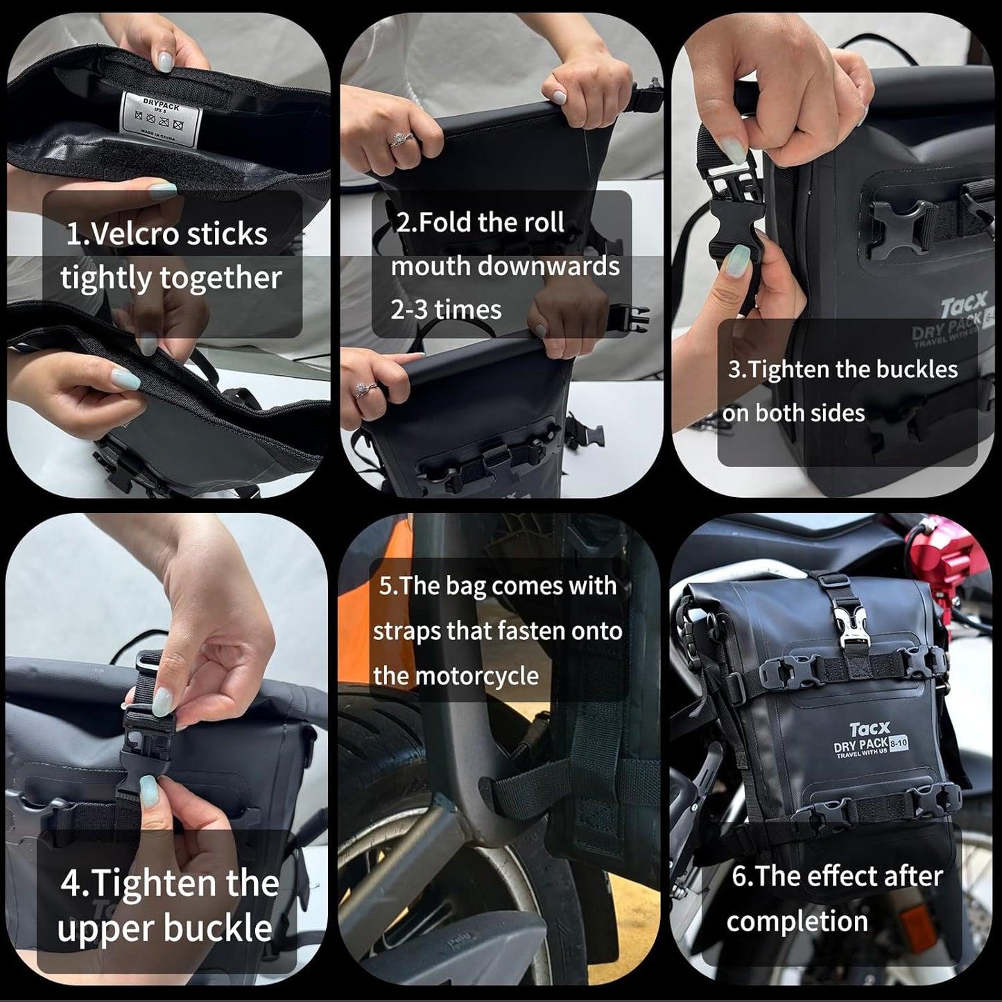 Motorcycle Tail Bag Front Bumper Bag, 10L Roll-top Waterproof Motor Saddle Panniers Luggage Bags for Motorcy-Black(10L)