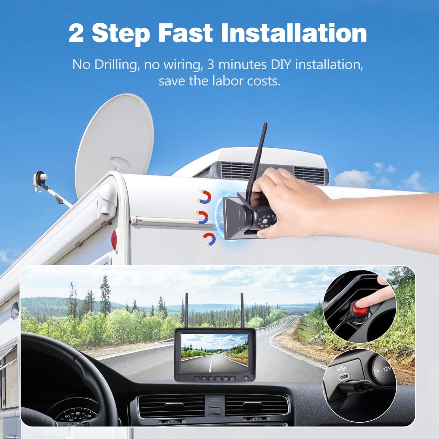 1080P 7" Magnetic Wireless RV Backup Camera System, 2 Rear Cameras + 2 Side Cameras for Reversing/Monitoring Trailer Camper, 1080P DVR Monitor, 4x9600mAh Waterproof IR Night Vision RV Cameras