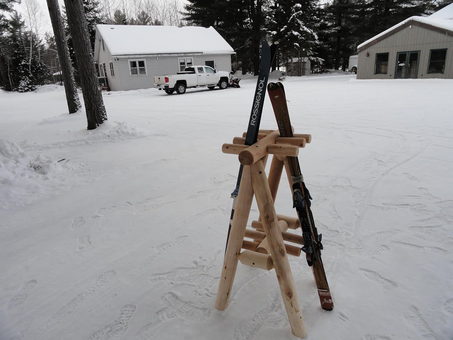 9-Place Freestanding Log Ski Rack Holder, Indoor & Outdoor Snowboard Racks, Standing Storage, Garage Racks for Snow Skis & Poles, Snowboard Rack Garage Storage Organizer - Unfinished + 15" Anchor Kit