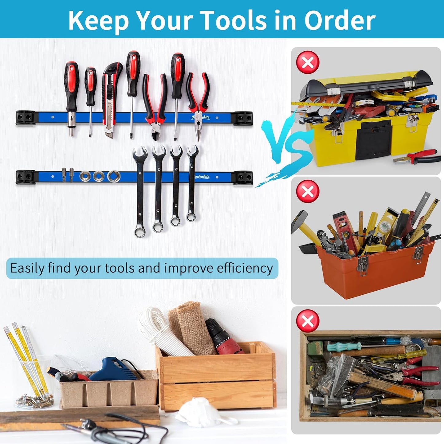 6 Pieces 12" Magnetic Tool Holder Strip, Blue Magnet Bar, Metal Tool Organizer Rack for Garage Organization, Easy To Install in Workshop, Mounting Screws Included