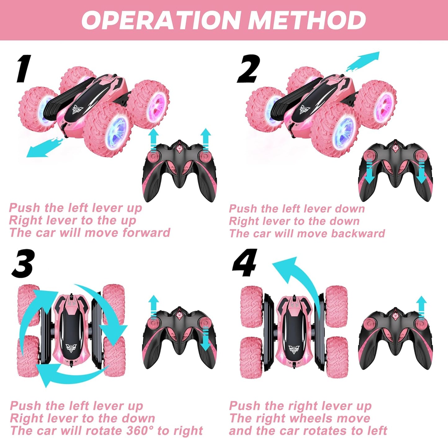 Remote Control Car, 2.4GHz RC Stunt Car, Double Sided 360° Rotating RC Cars with LED Headlight & LED Wheel, High Speed Off Road RC Crawler Xmas Gift for 3 4 5 6 7 8-12 Year Old Girls Toys (Pink)