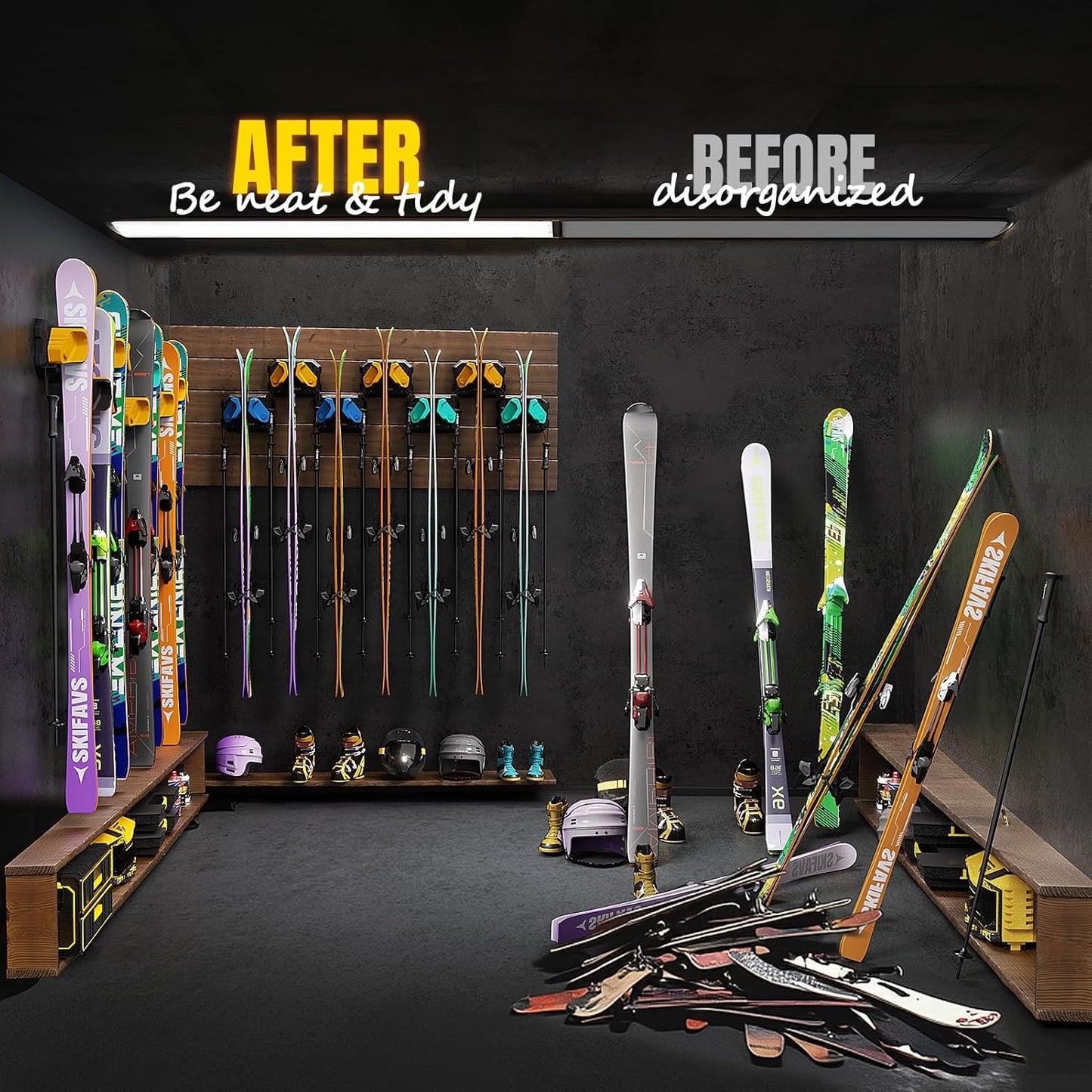 Ski & Snowboard Wall Rack for Garage Wall Fits Any Ski/board, Ski Wall Mount Holders Damage-Free Storage Rack, Garage Organization Space-Saving Winter Gear Organizer, Yellow, 4 Pack