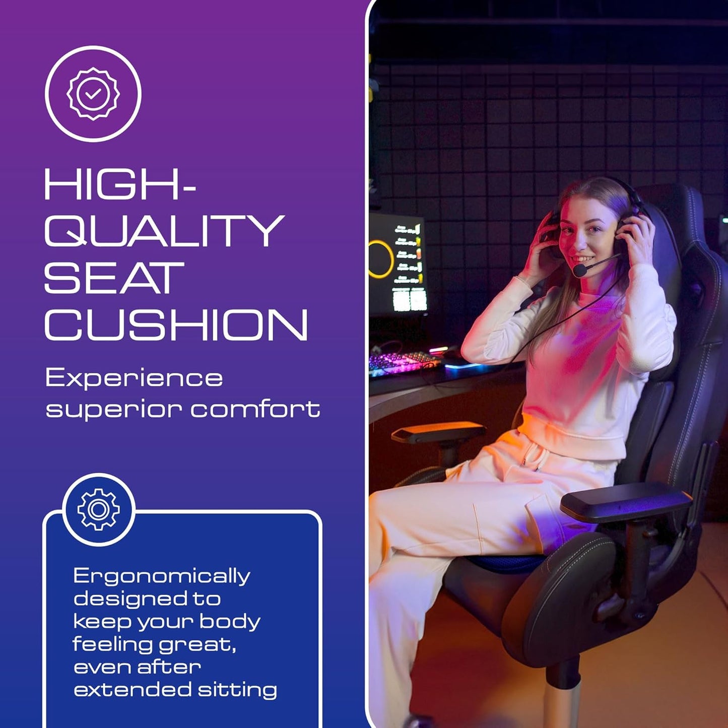 Ergonomic Seat Cushion - Memory Foam Chair Cushions | Gaming Chair Cushions | Office & Car Seat Cushion with Heat Reducing 3D Mesh | Office Chair Cushion for Back Pain - Pain Relief