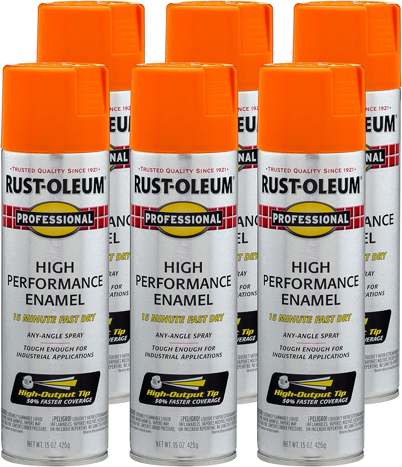 Rust-Oleum 7555838-6PK Professional High Performance Enamel Spray Paint, 15 Oz, Gloss Safety Orange, 6 Pack