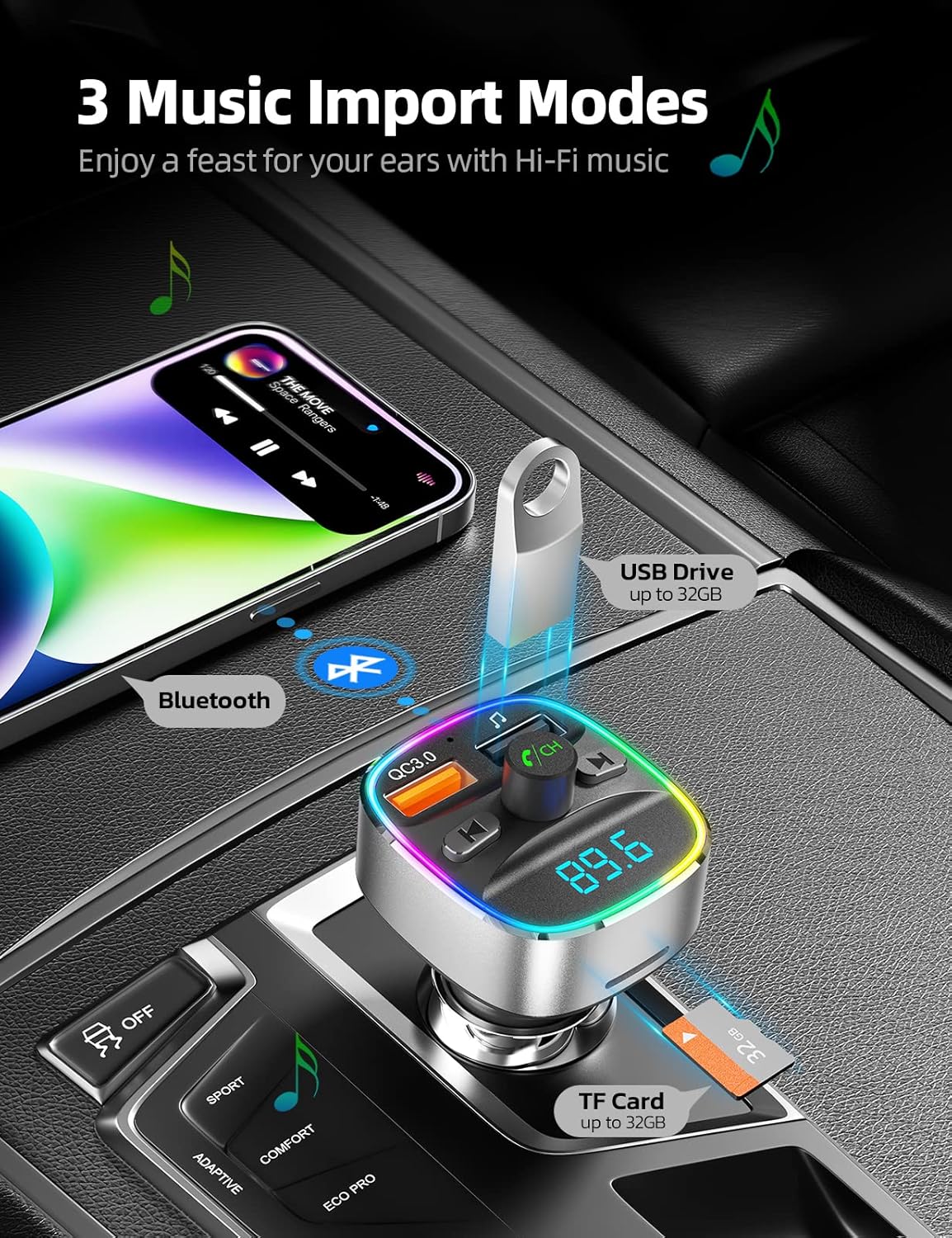 Nulaxy Bluetooth FM Transmitter for Car,Bluetooth Car Adapter Charger with Dual USB Charging Ports, MP3 Music Player Supports TF Card & USB Disk,Hands Free Calling, 7 Colors Led Backlit Light - Silver