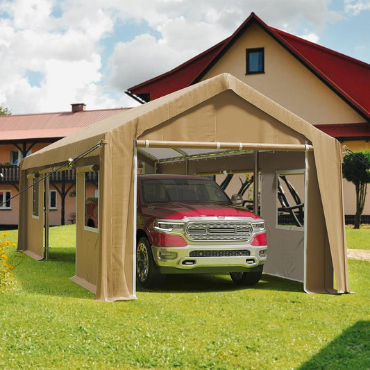 12x20ft Heavy Duty Carport Outdoor Canopy Portable Garage with 4 Doors & 4 Windows Waterproof UV Resistant Storage Shelter with Removable Sidewalls for Car Truck Boat, Earthy Yellow