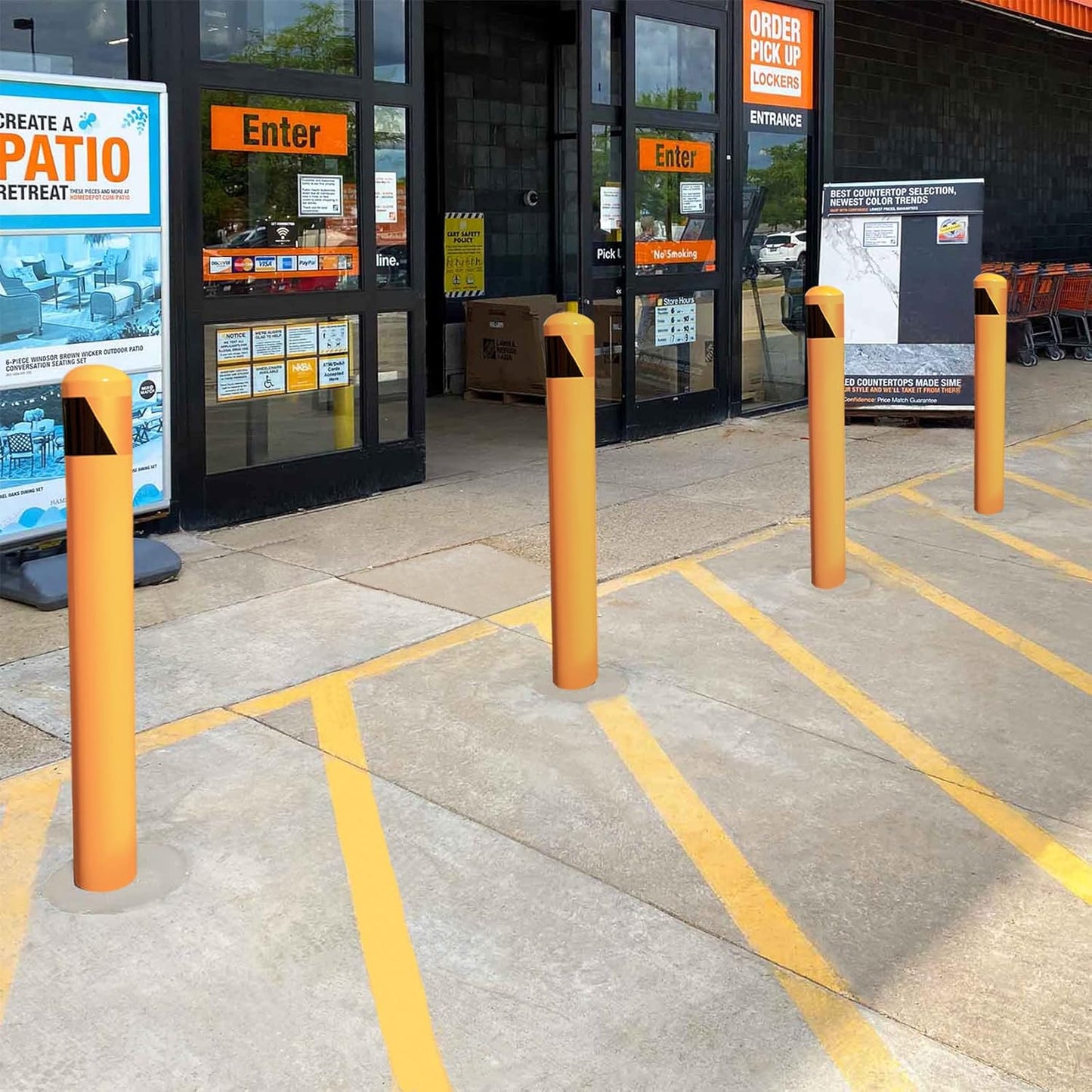 46 inch High Pour in Place Steel Bollard Post, 5-1/2" OD Safety Bollard Yellow Powder Coat, Metal Bollard Parking Barrier