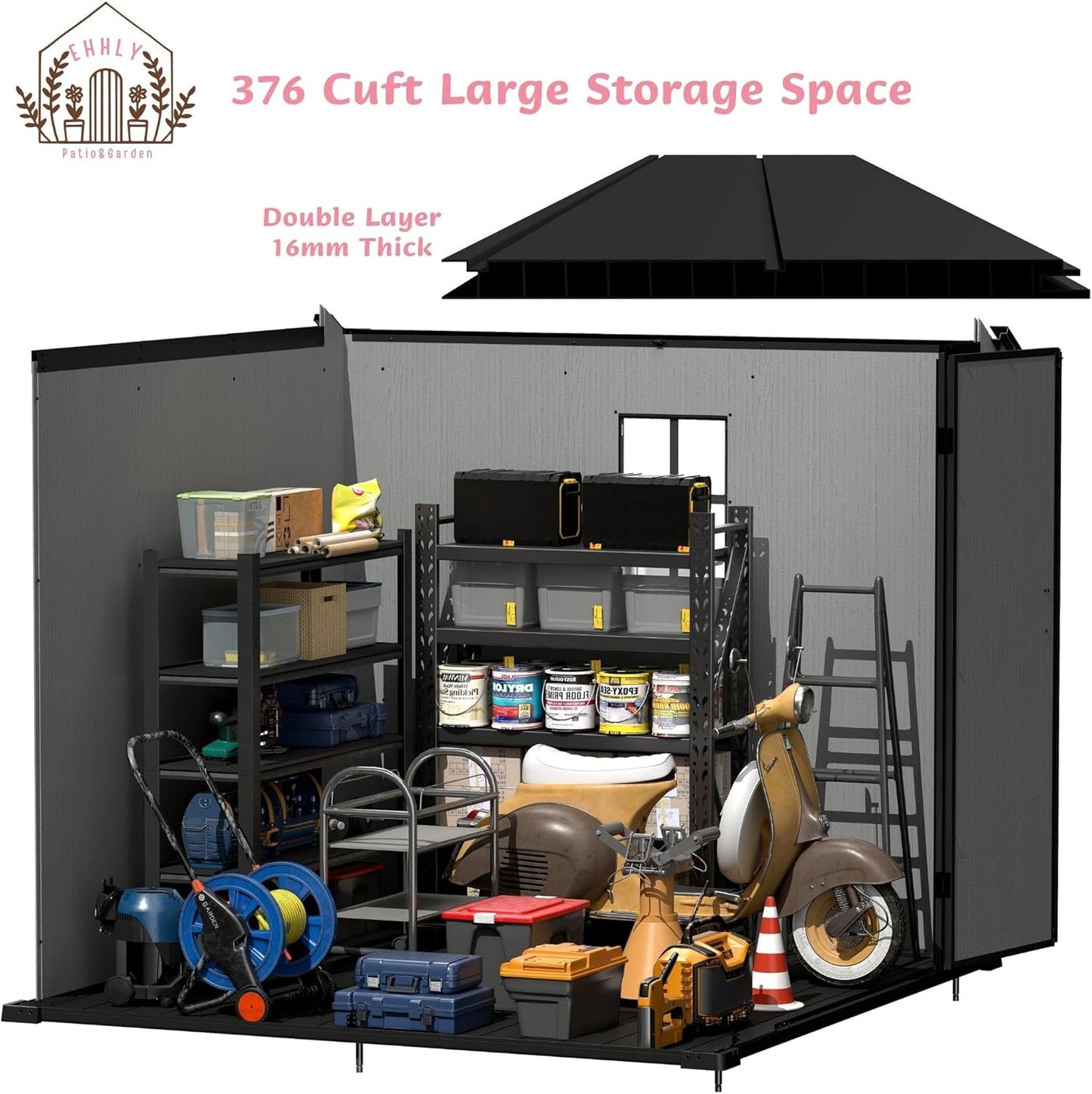 7.3x7.3 FT Resin Outdoor Storage Shed Large, 376 Cuft Garden Tool Sheds & Outdoor Storage Plastic Shed with Floor, 8FT Tall Backyard Lawn Mower Storage Shed with Side Window, Cemented Grey