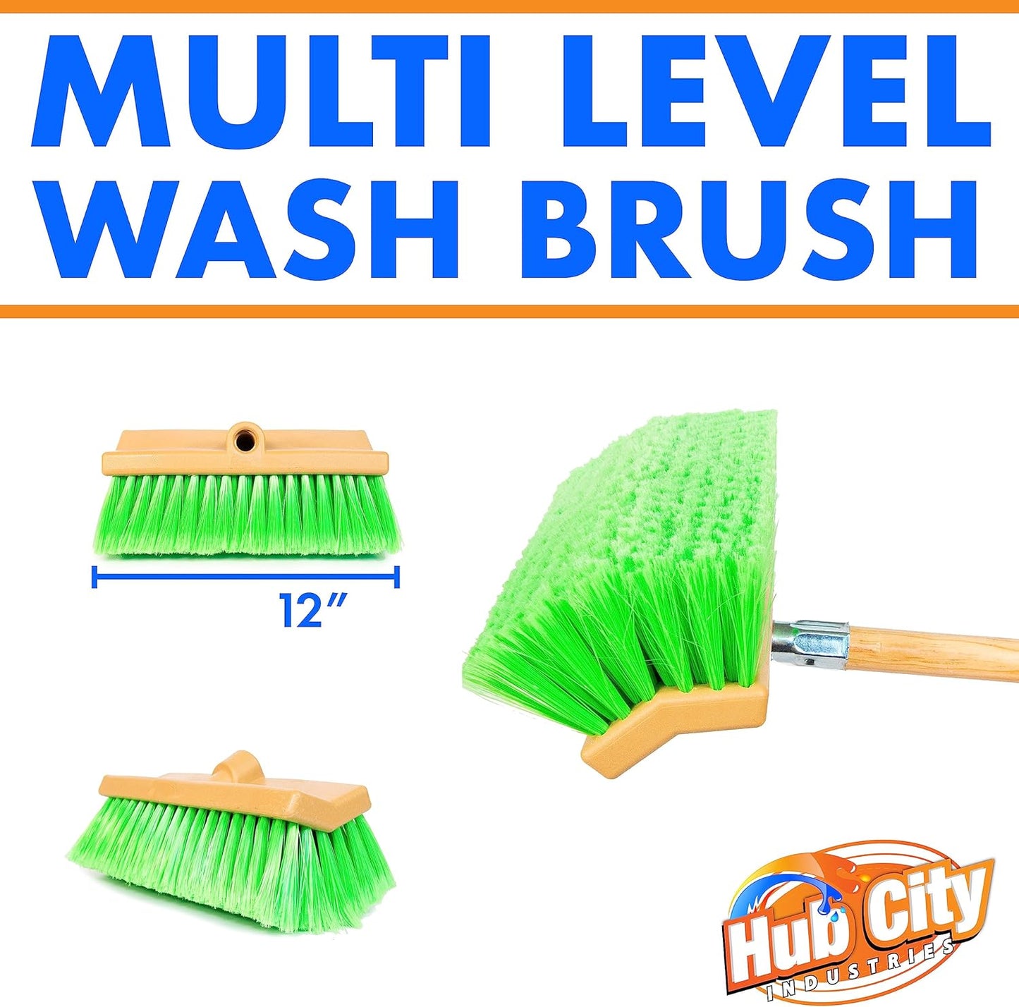 Hub City Industry 10- inch Car Wash Brush, Bi- Level Brush, Soft Nylon Bristle, car Accessories, Cleaning Supplies, Automotive wash Brush,Flagged Green Poly Bristle