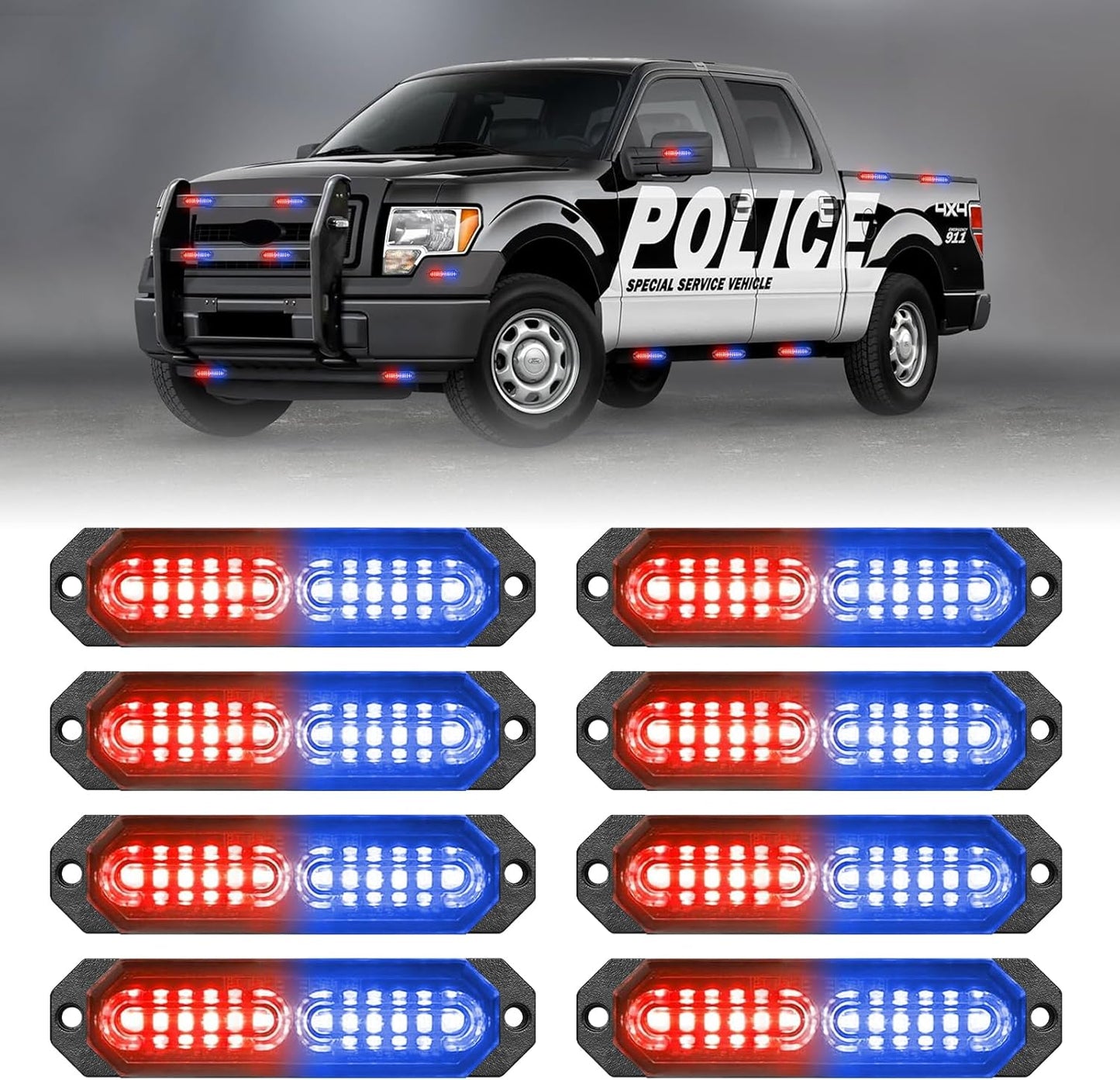 HLauto 1200T Emergency Strobe Grille Lights: 8pcs 12 LED Sync Feature Safety Warning Flashing Lights, Ultra Slim Surface Mount Hazard Caution Lights for Trucks, Vehicles, Car, ATV, UTV (Red Blue)