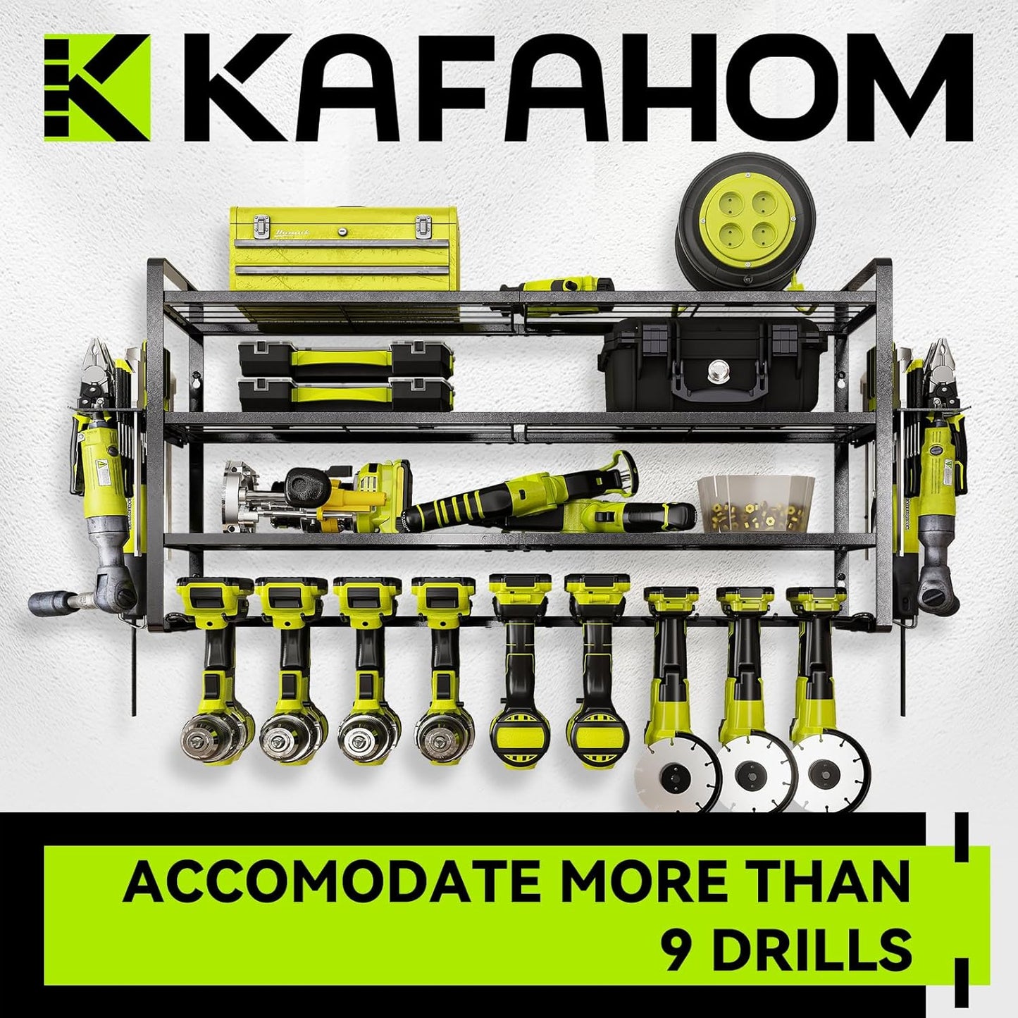 KAFAHOM Power Tool Organizer Wall Mount, 9 Drill Holders for Garage Organization,4 Layer Power Tool Rack,Tool Organizer and Storage with 2 New Accessories, Gifts Idea for Men/Dad/Husband