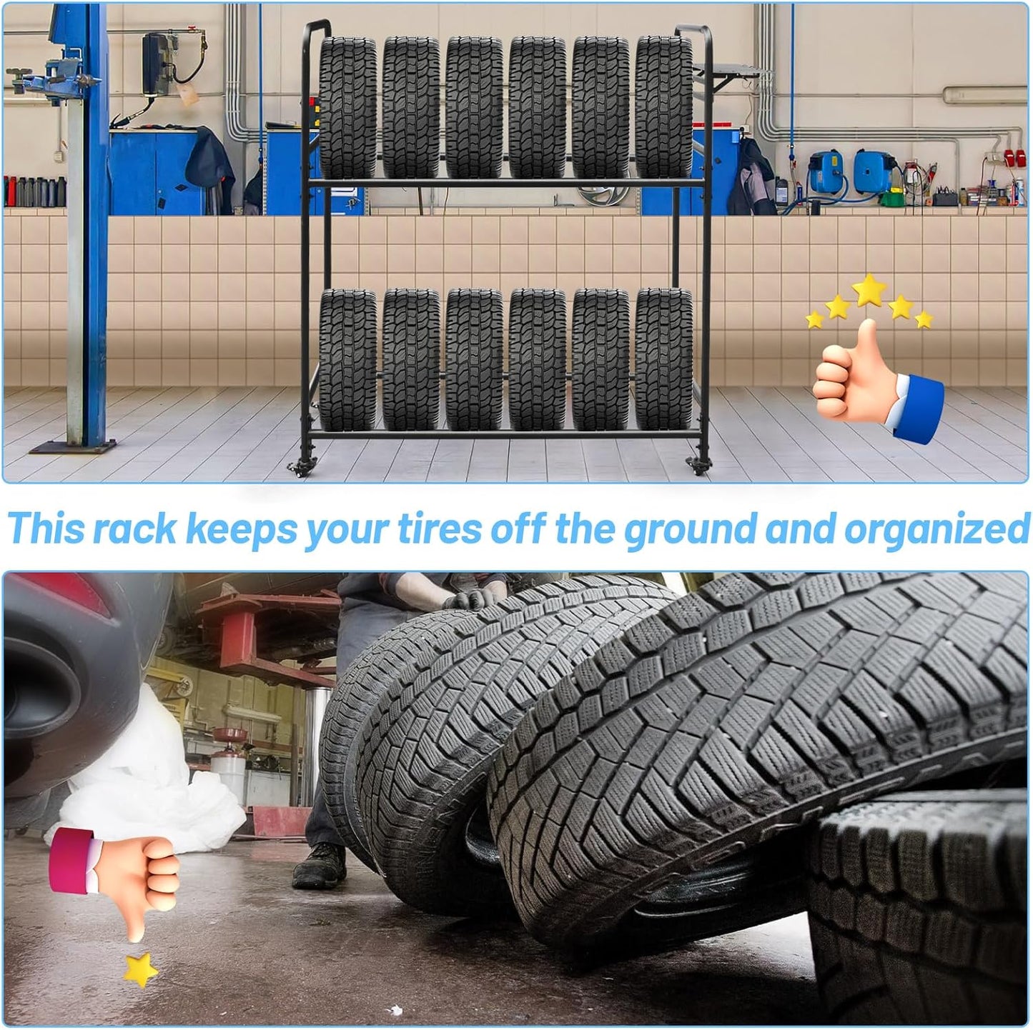 Rolling Tire Rack for Garage, Adjustable Metal Tire Rack with Foldable Heavy-Duty Hole Board, 4 Self-Locking Swivel Casters, 59” Height, 660 Pound Capacity