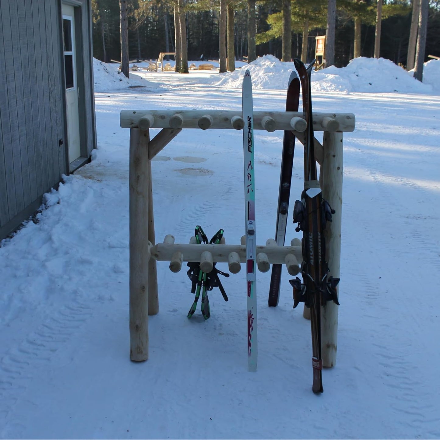 13-Place Freestanding Log Ski Rack Holder, Indoor & Outdoor Snowboard Racks, Standing Storage, Garage Racks for Snow Skis & Poles, Durable Snowboard Rack Garage Storage Organizer - Canyon Brown