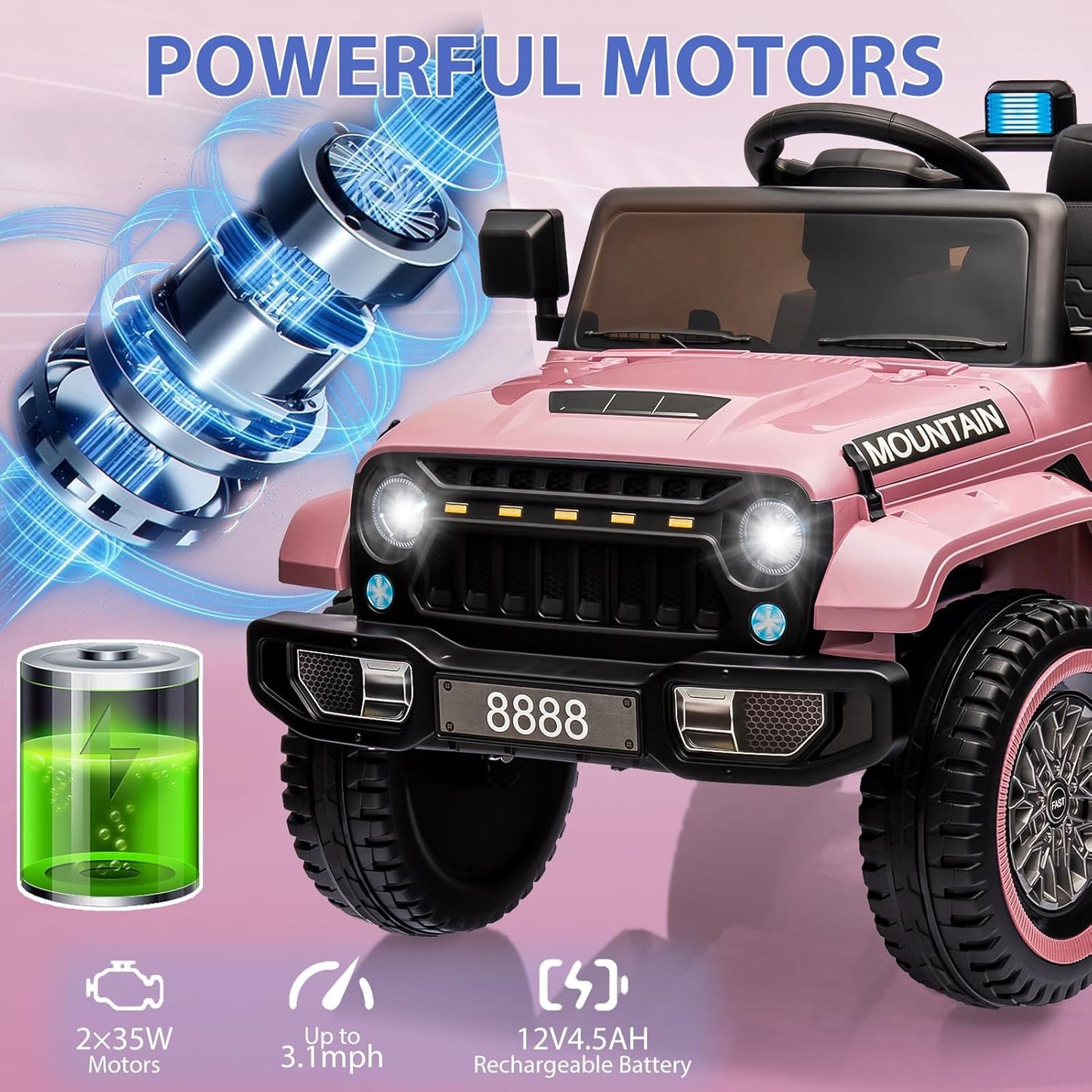 12V Kids Ride on Truck Car, w/Parent Remote Control, Twin 35w Motors, 3 Speeds, LED Lights, Music & Horn, Spring Suspension, Kids Electric Vehicles Toy for 3-5 Years Old Boys Girls Gift, Light Pink