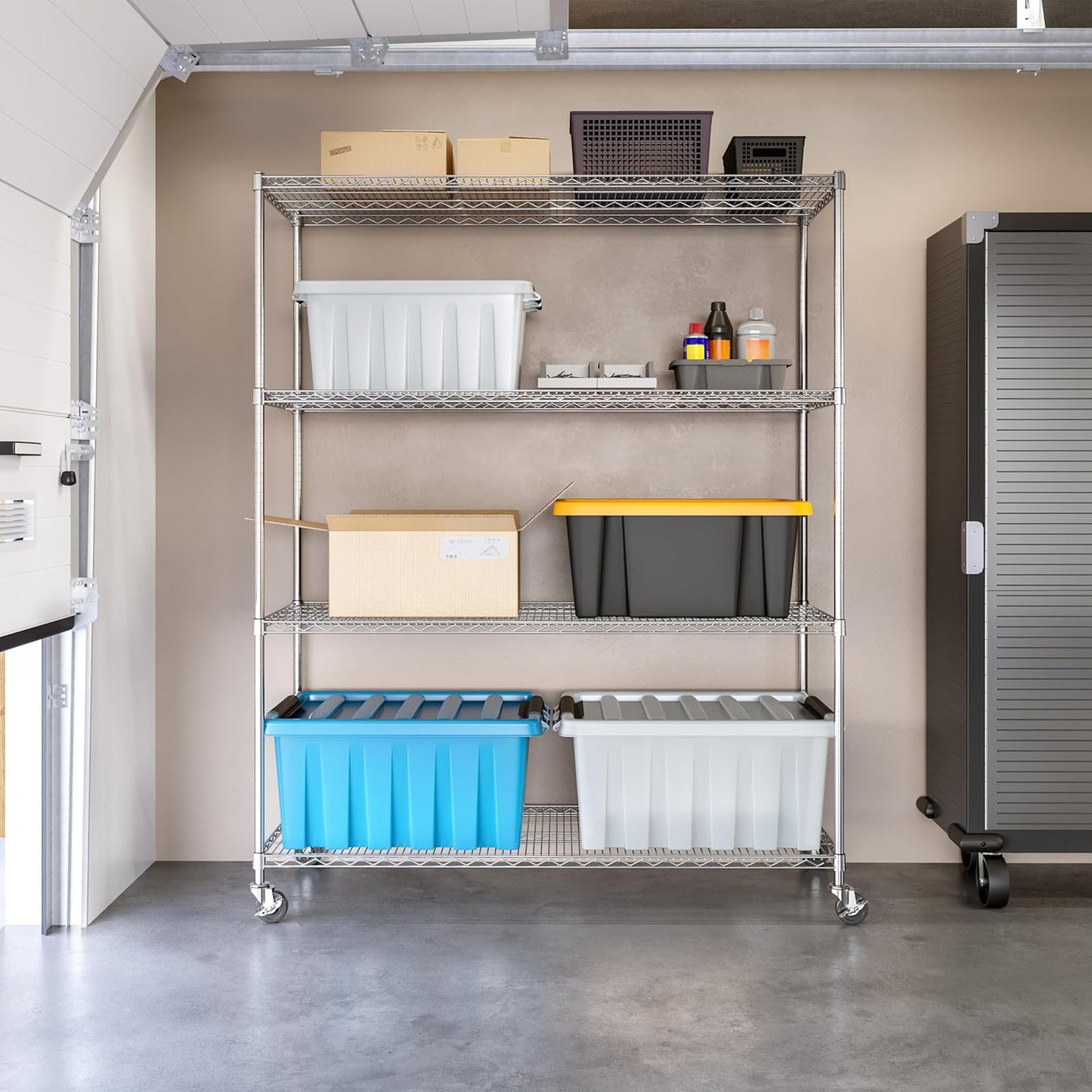 Seville Classics UltraDurable Heavy Duty NSF Solid Steel Wire Rack Storage Unit, Organizer for Garage, Warehouse, Office, Restaurant, Classroom, Kitchen, Steel, 4-Tier Shelving, 60" W x 24" D