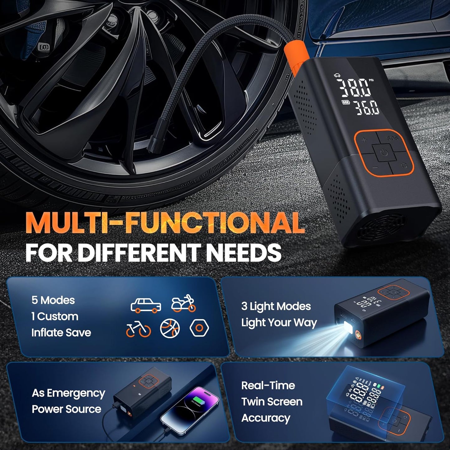 Tire Inflator Portable Air Compressor, 150PSI Bike Pump with Tire Pressure Gauge, LED Lights & Car Accessories, Cordless Air Pump for Car Tires, Bike, Motorcycle, Ball(Tangerine)