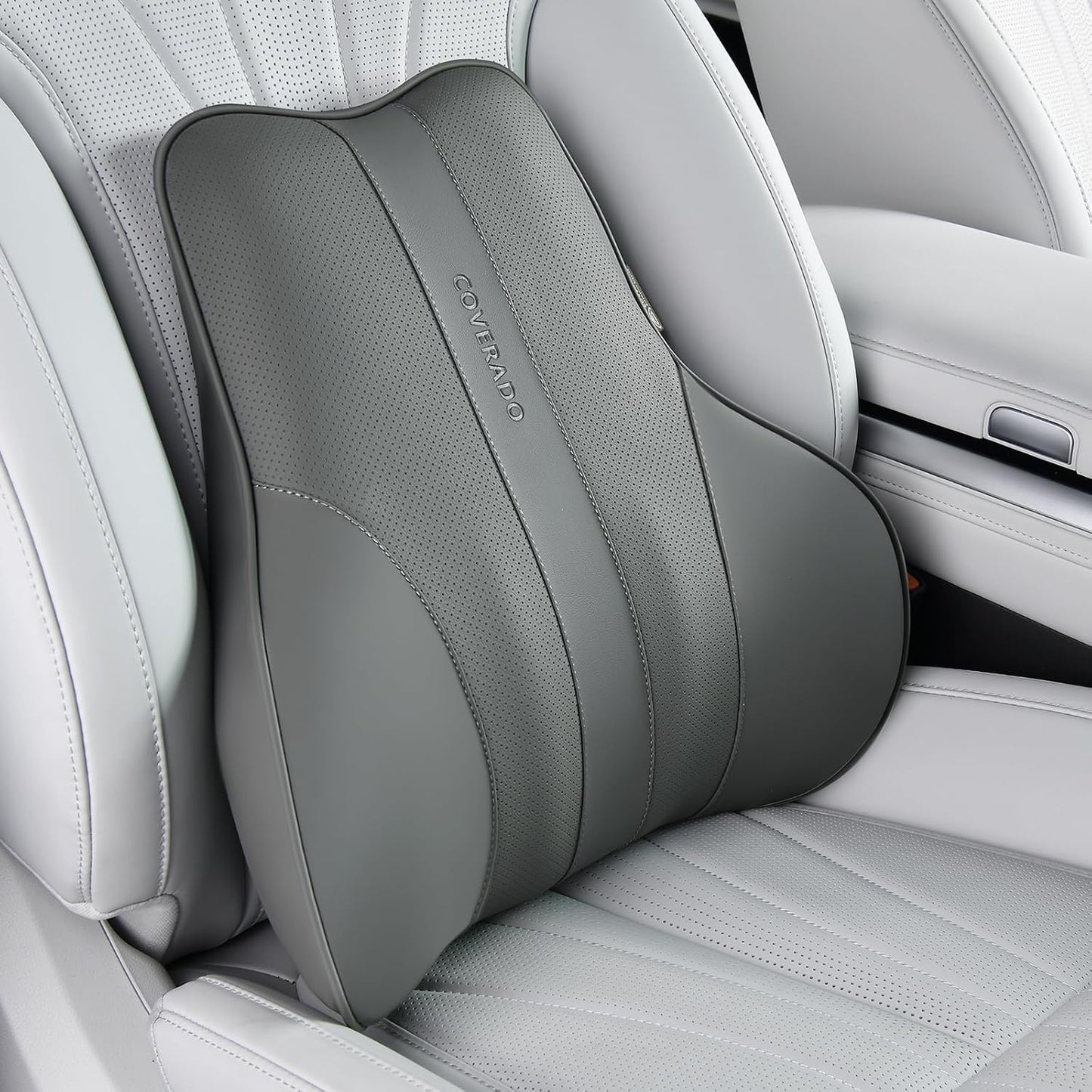 Coverado Lumbar Support Pillow for Car, Ergonomic Memory Foam Back Pillow for Office Chair, Back Cushion for Back Pain Relief, PU Leather Car Lumbar Support for Driving Seat - Gray