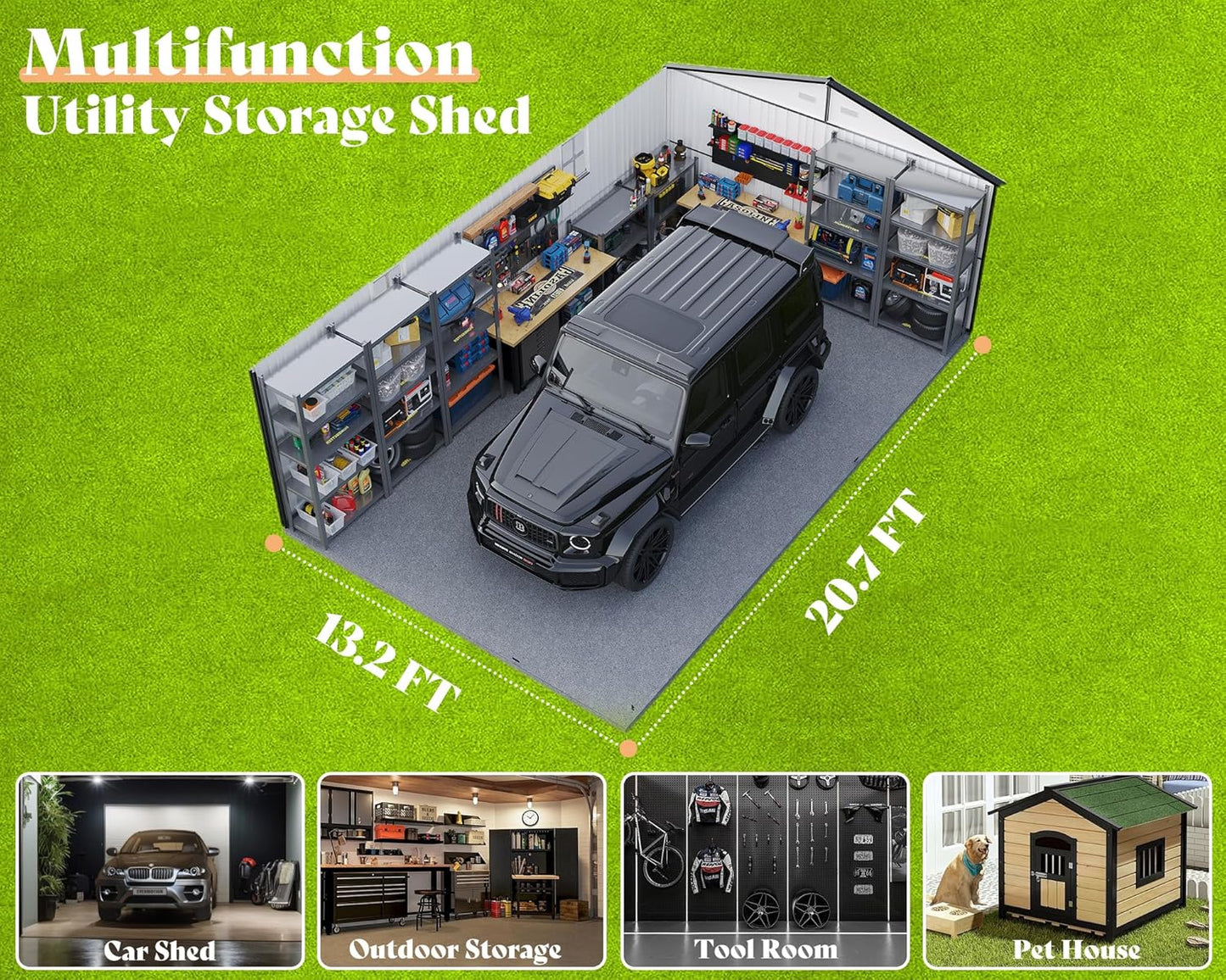 AMERLIFE 13.2x21x8.4 FT Outdoor Metal Garage Shed, Extra Large Storage Shed with Double Hinged Doors, 4 Windows, Carport for Car, Truck, Bike and Lawn Equipment, Dark Grey