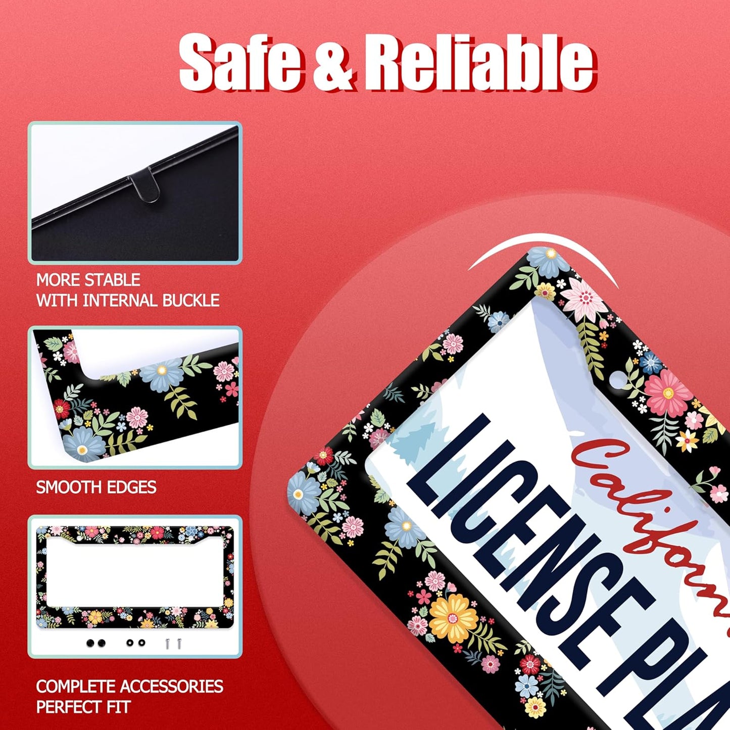 Colorful Flowers License Plate Frame Beautiful Floral License Plate Frames Stainless Steel Accessories Cars Decor with 2 Holes and Screws Fits Standard US CA Vehicles Size 12.2 x 6 Inches