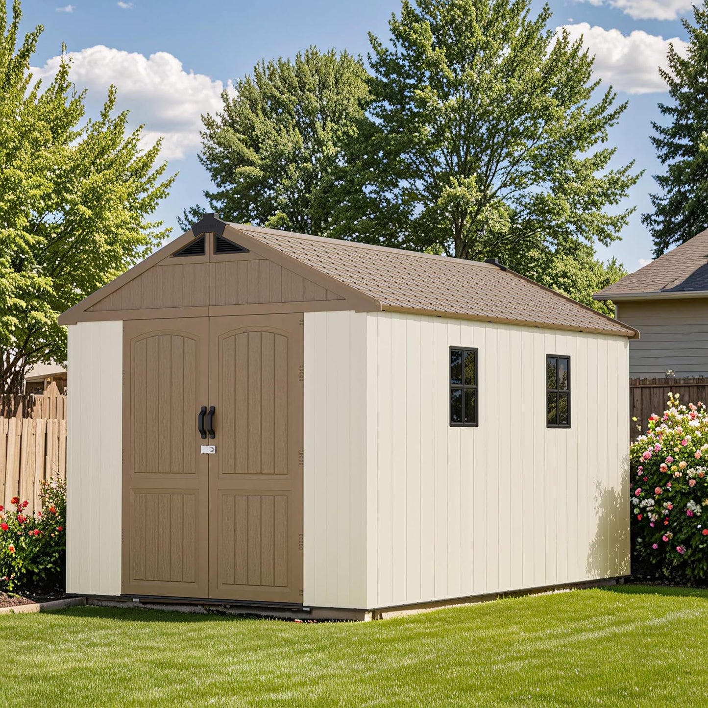 Patiowell 8 x 12 FT Plastic Outdoor Storage Shed with Floor, Resin Shed with Window and Lockable Door for Garden, Backyard, Tool Storage Use, Easy to Install in Brown (Kick-it Shed)