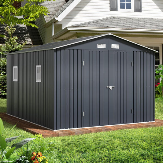 Breezz Outdoor Storage Shed 10 x 12 ft. Utility Tool Shed Metal Storage Garden Shed with Lockable Doors, Windows & Metal Frame Floor for Patio Storage, Nightblue