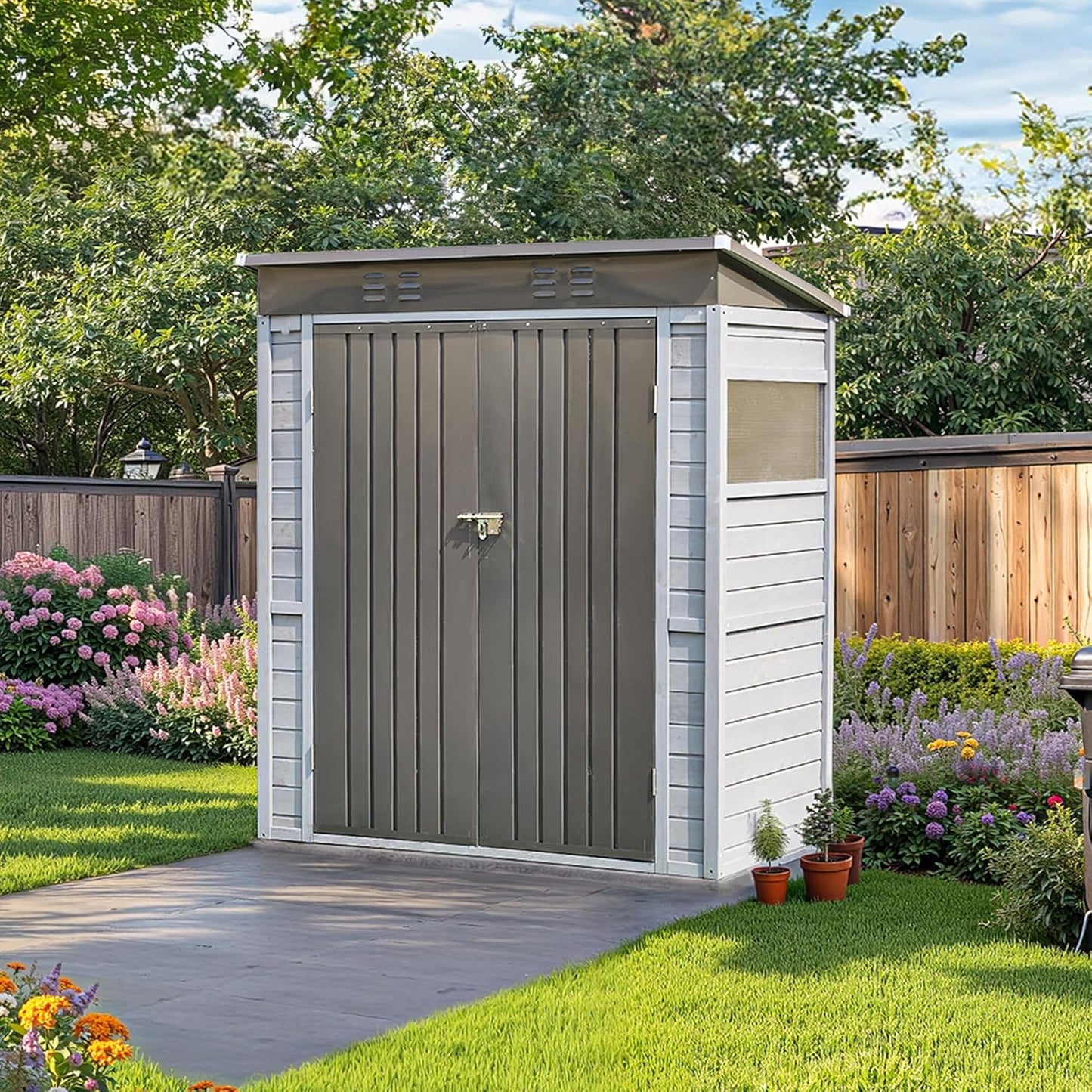 5x3 FT Outdoor Storage Shed with Windows, Wood & Metal Garden Shed, Small Outside Storage Shed Waterproof for Backyard, Garden, Patio, 4 Vents (Without Floor) Gray