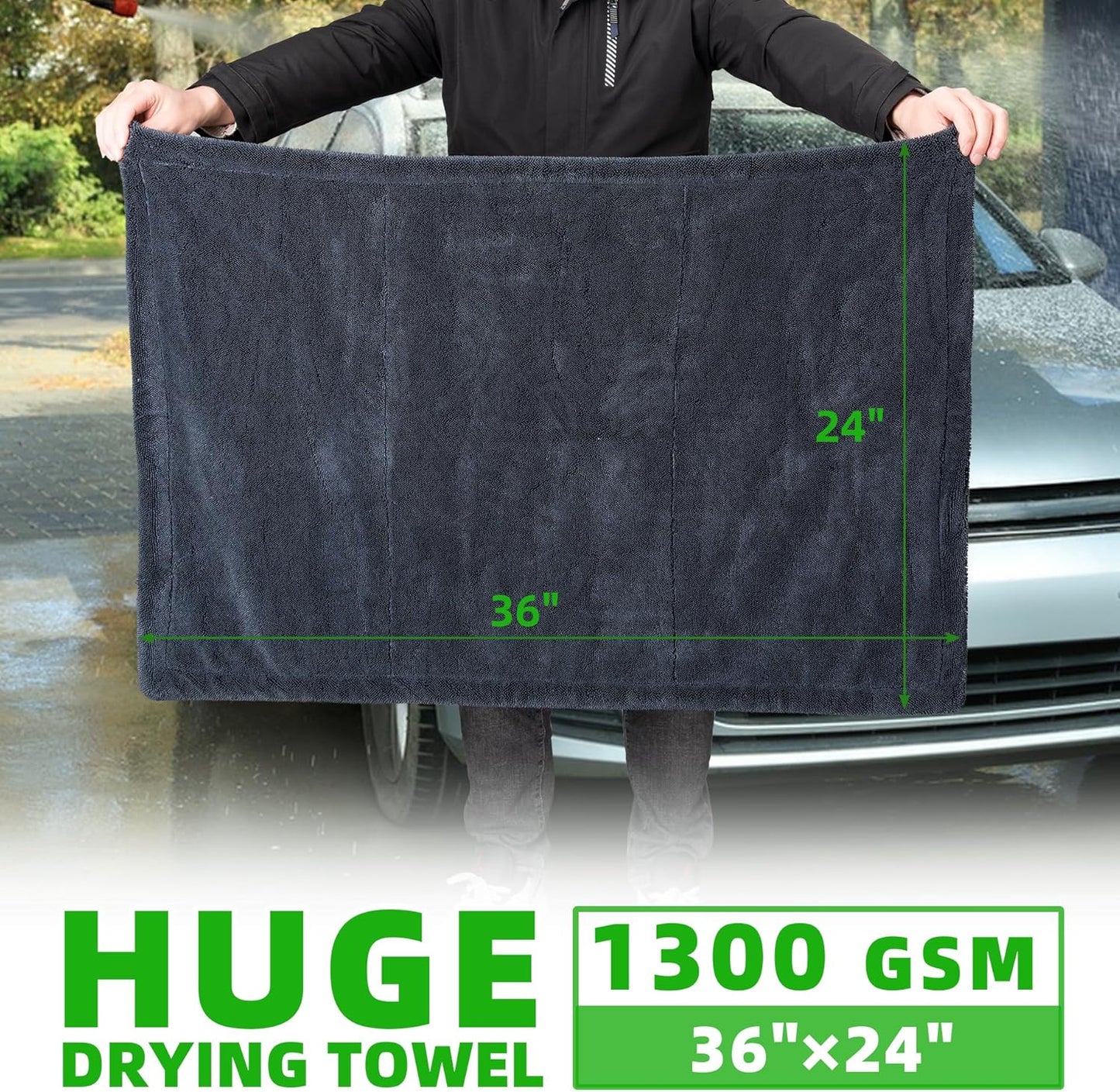CADONO Huge Microfiber Car Drying Towel, Ultra Absorbent Microfiber Cleaning Cloth for Cars, No Streaks, Scratches, or Water Spots (36"x 24", 1300GSM)