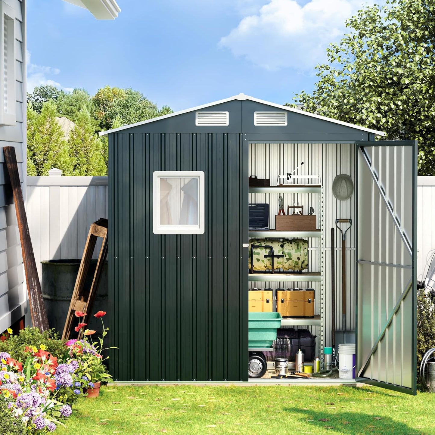 Breezz 6x4FT Outdoor Steel Storage Shed with Clear Window, Lockable Doors, Weather-Resistant Metal Tool Shed for Garden, Backyard, Patio, and Utility Storage