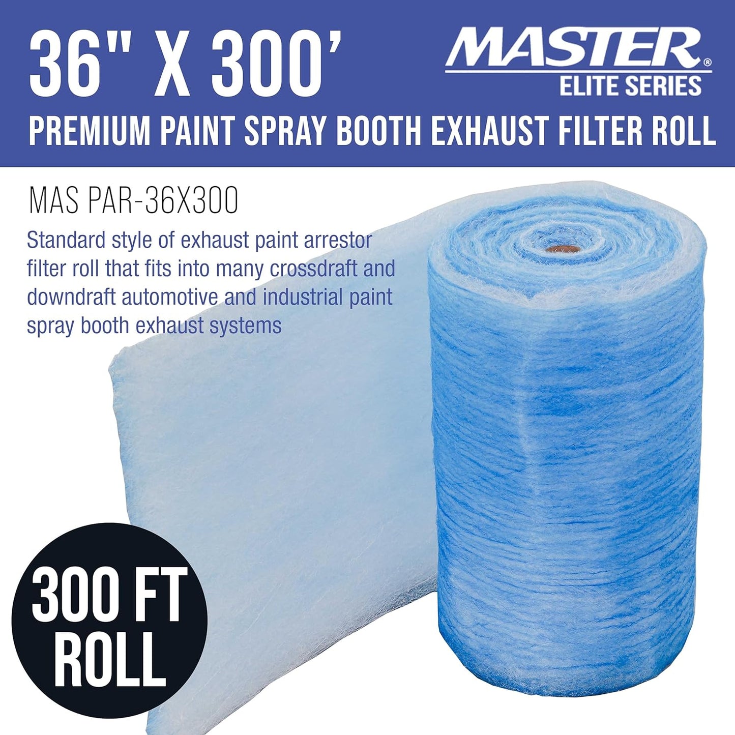 Master Elite Premium Paint Spray Booth Exhaust Filter Roll, 36" x 300' - 18 Gram Heavy-Duty Fiberglass Paint Arrestor - Captures Traps Overspray Particles in Auto Car Autobody Refinish Booths