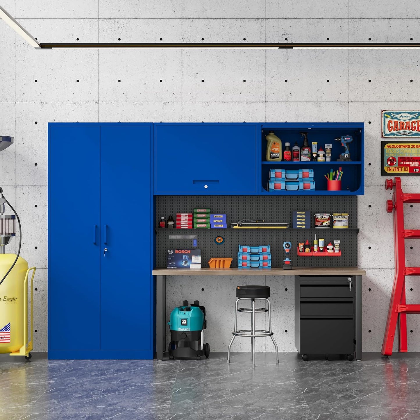 Metal Storage Cabinet Blue Wall Cabinets with Shelf and Locking Door - Wall Mounted Storage Cabinet for Garage Warehouse Home Office - Assembly Required