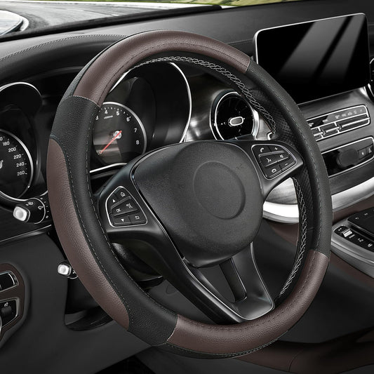 SEG Direct Steering Wheel Cover for Car, Standard Size 14.5-15 inch, Auto Interior Accessories, Black and Dark Brown