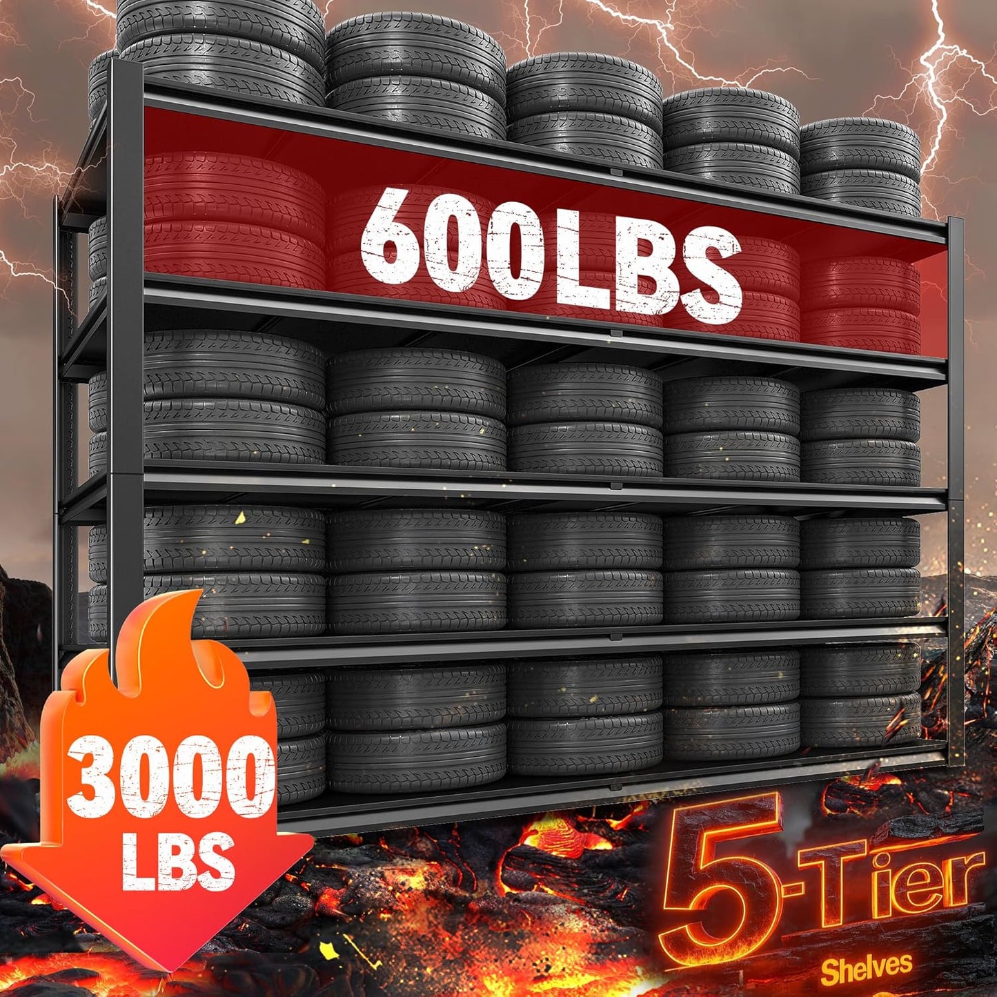 REIBII 78" H Storage Shelves, Garage Shelving Heavy Duty Load 3000LBS, Adjustable Garage Shelving, 5 Tier Metal Shelves Unit for Storage Rack, Basement, 55" W x 26" D x 78" H, Black, 2 Pack