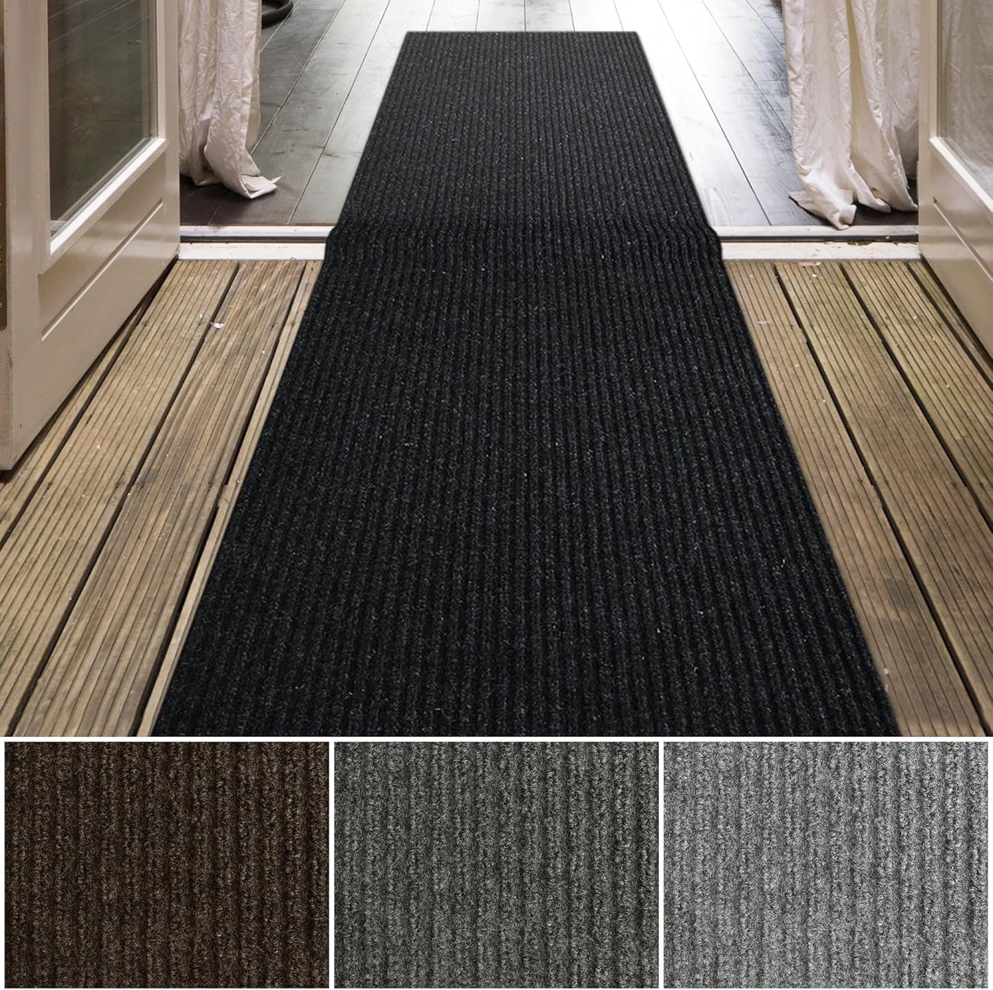 iCustomRug Spartan Weather Warrior Indoor/Outdoor Utility Ribbed Carpet Runner with Non-Slip Thermoplastic Rubber Backing, 28in X 14ft in Black