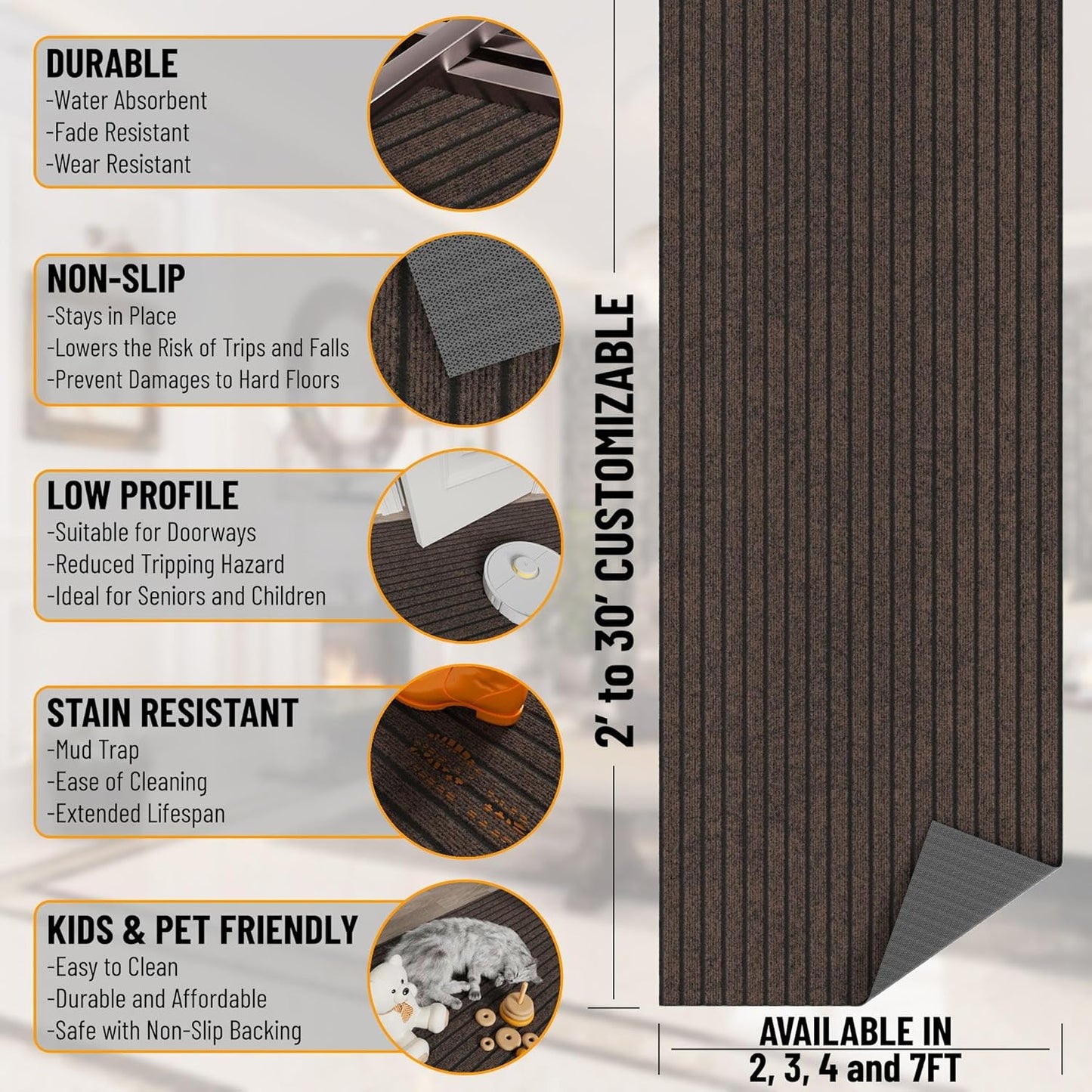 Ottomanson 2' x 14' Hallway Runner with Scraper Pile Extra Durable Non-Slip Rug Mat for Indoor & Outdoor Use - Ideal for Kitchen, Entryway, Patio & Garage - High-Traffic Carpet, Brown