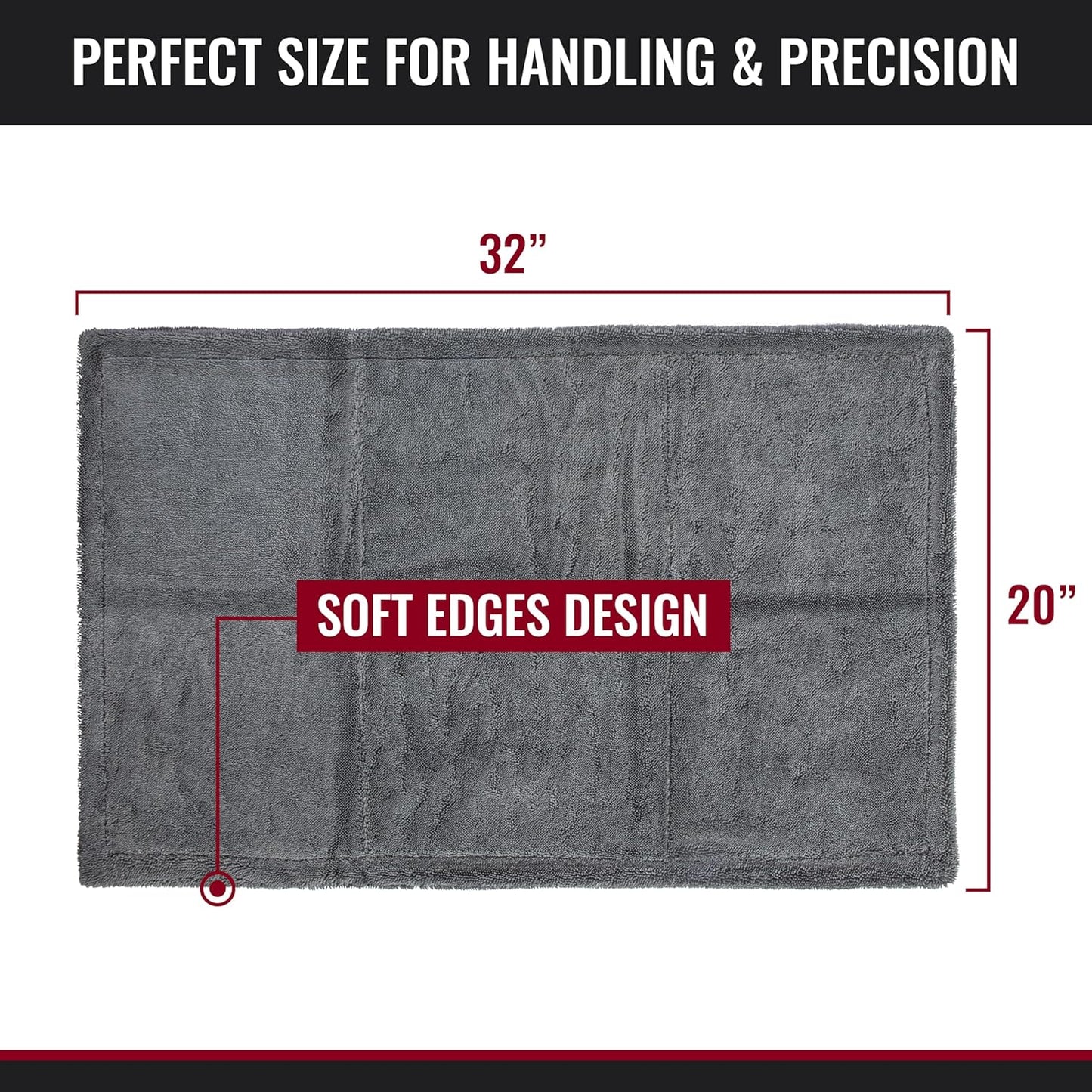 Car Drying Towel - The Finisher Microfiber Towel, 80/20 Blend, Water Absorbent and Scratch-Free Cleaning Cloths with a Hidden Edge, Dries Quickly and Efficiently (20''x32'')